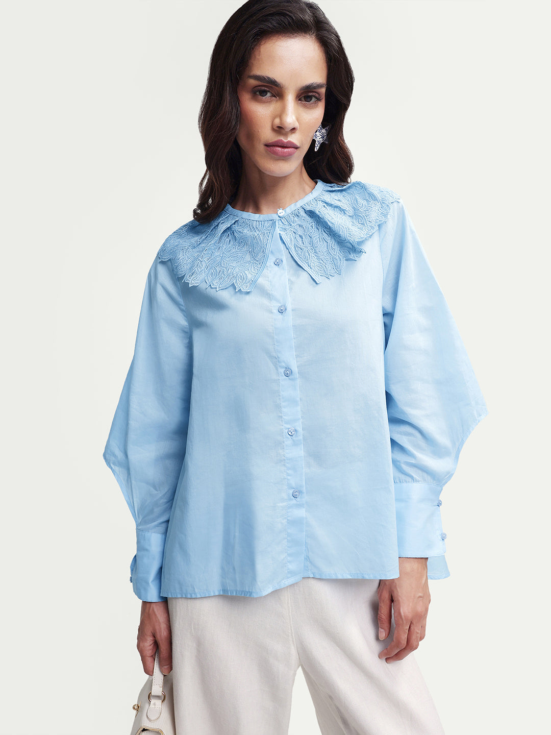 Rareism Women's Burrido Light Blue Cotton Drop Collar Plain Cuffed Sleeve Regular Fit Shirt
