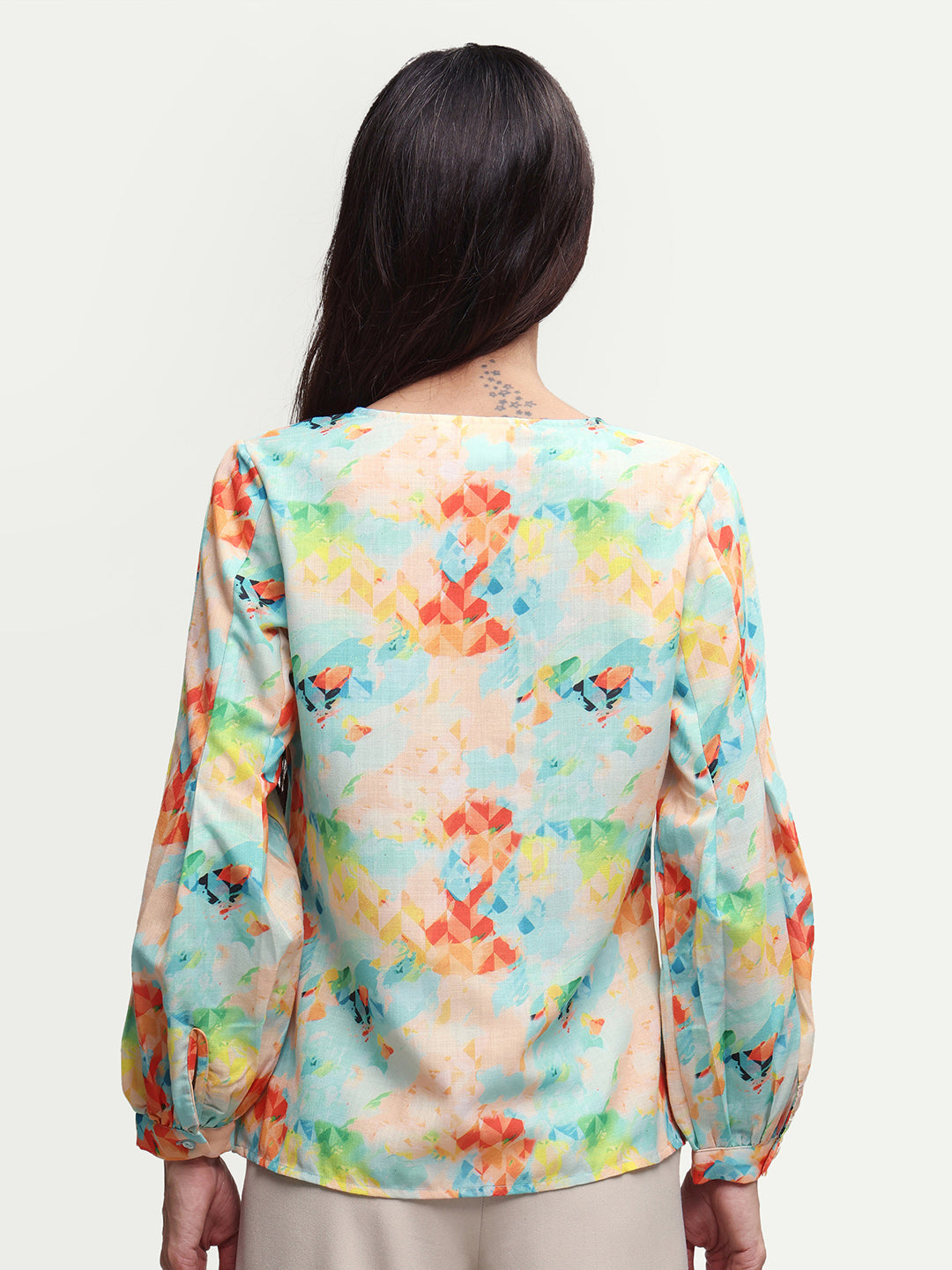 Rareism Women's Deimos Flouroscent Multi Polyester Blend V-Neck Geometric Print Bishop Sleeve Regular Fit Top