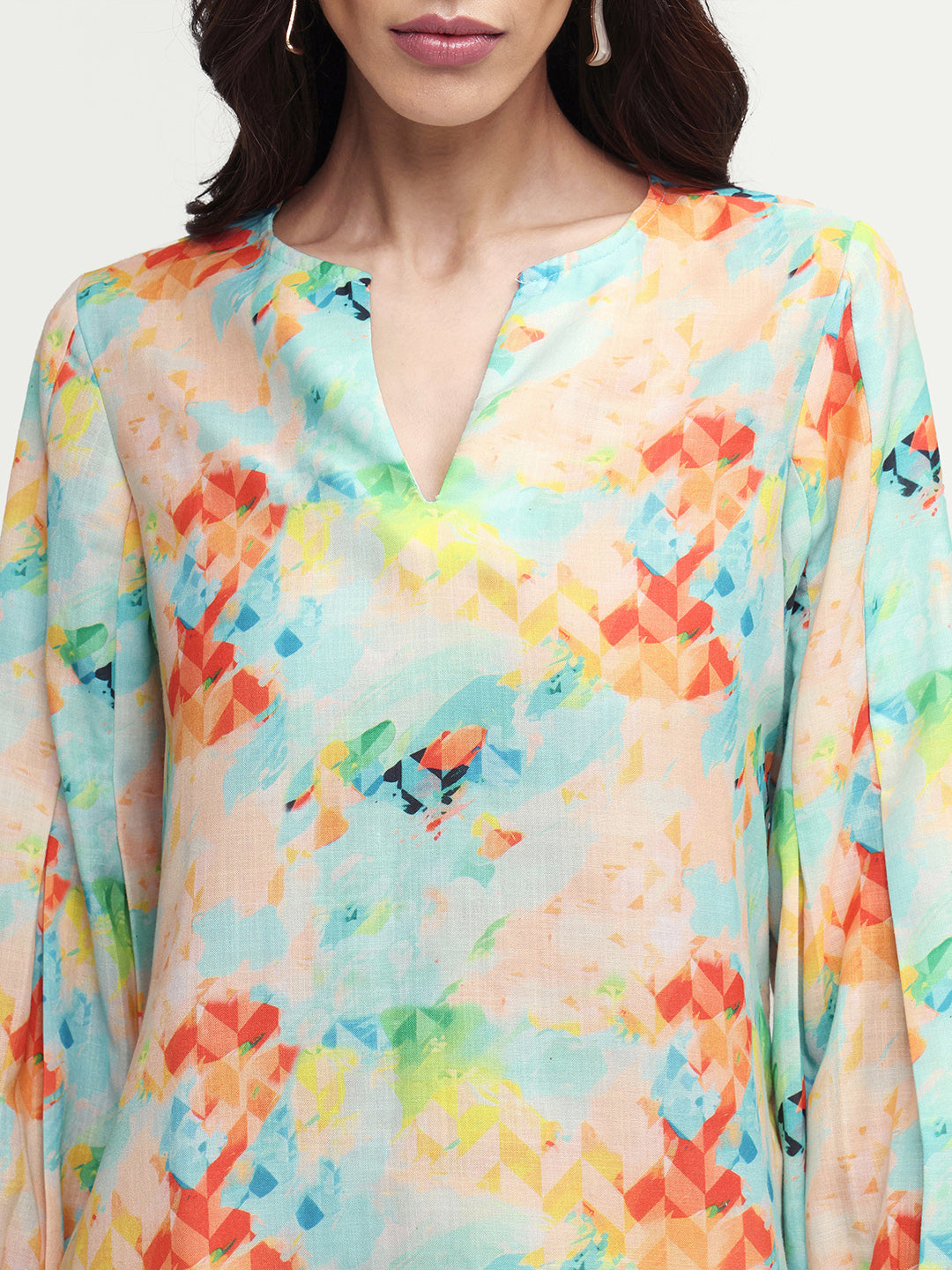 Rareism Women's Deimos Flouroscent Multi Polyester Blend V-Neck Geometric Print Bishop Sleeve Regular Fit Top