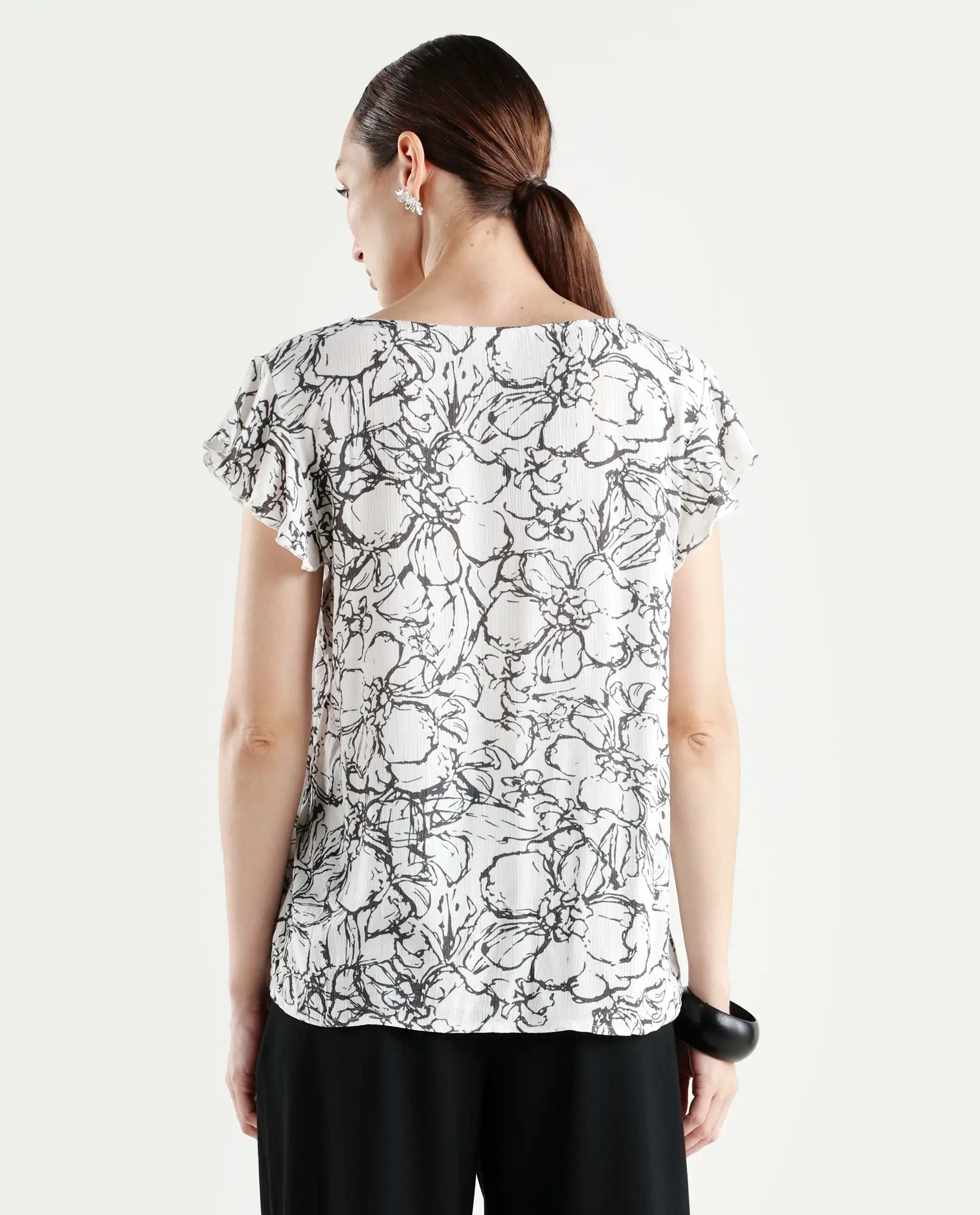 Rareism Women's Helene Light Rayon V-Neck Abstract Print Ruffled Sleeve Regular Fit Top