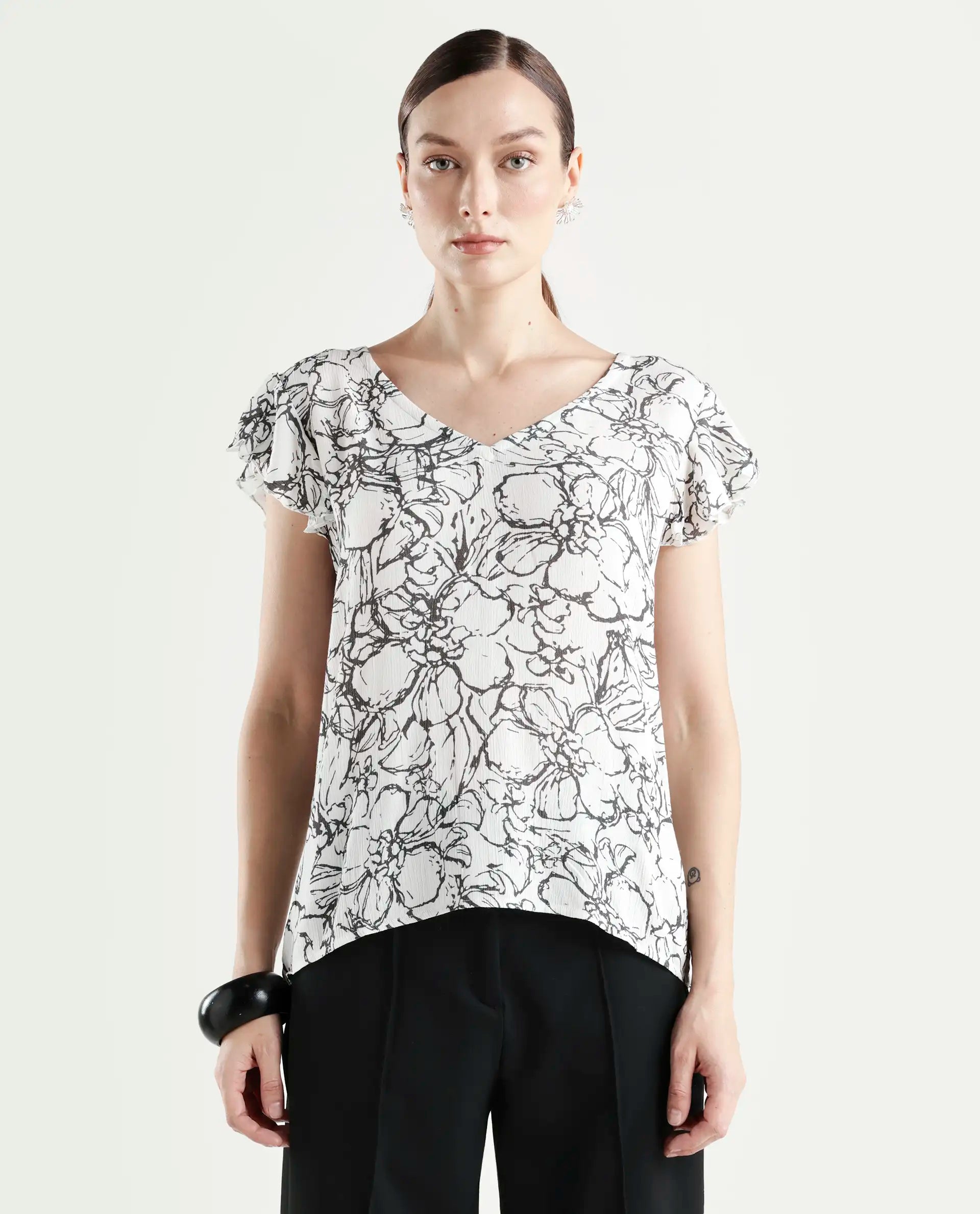 Rareism Women's Helene Light Rayon V-Neck Abstract Print Ruffled Sleeve Regular Fit Top