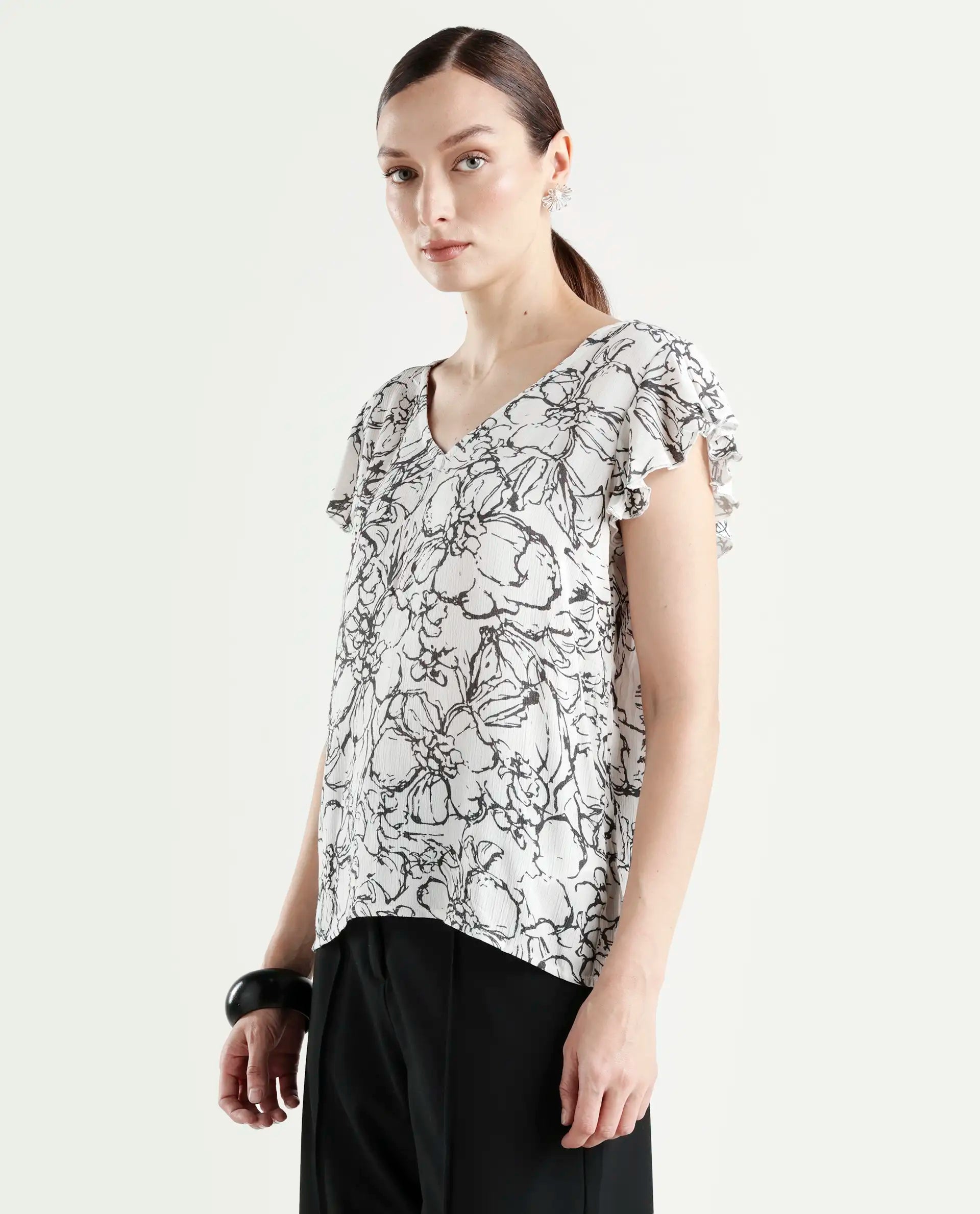 Rareism Women's Helene Light Rayon V-Neck Abstract Print Ruffled Sleeve Regular Fit Top