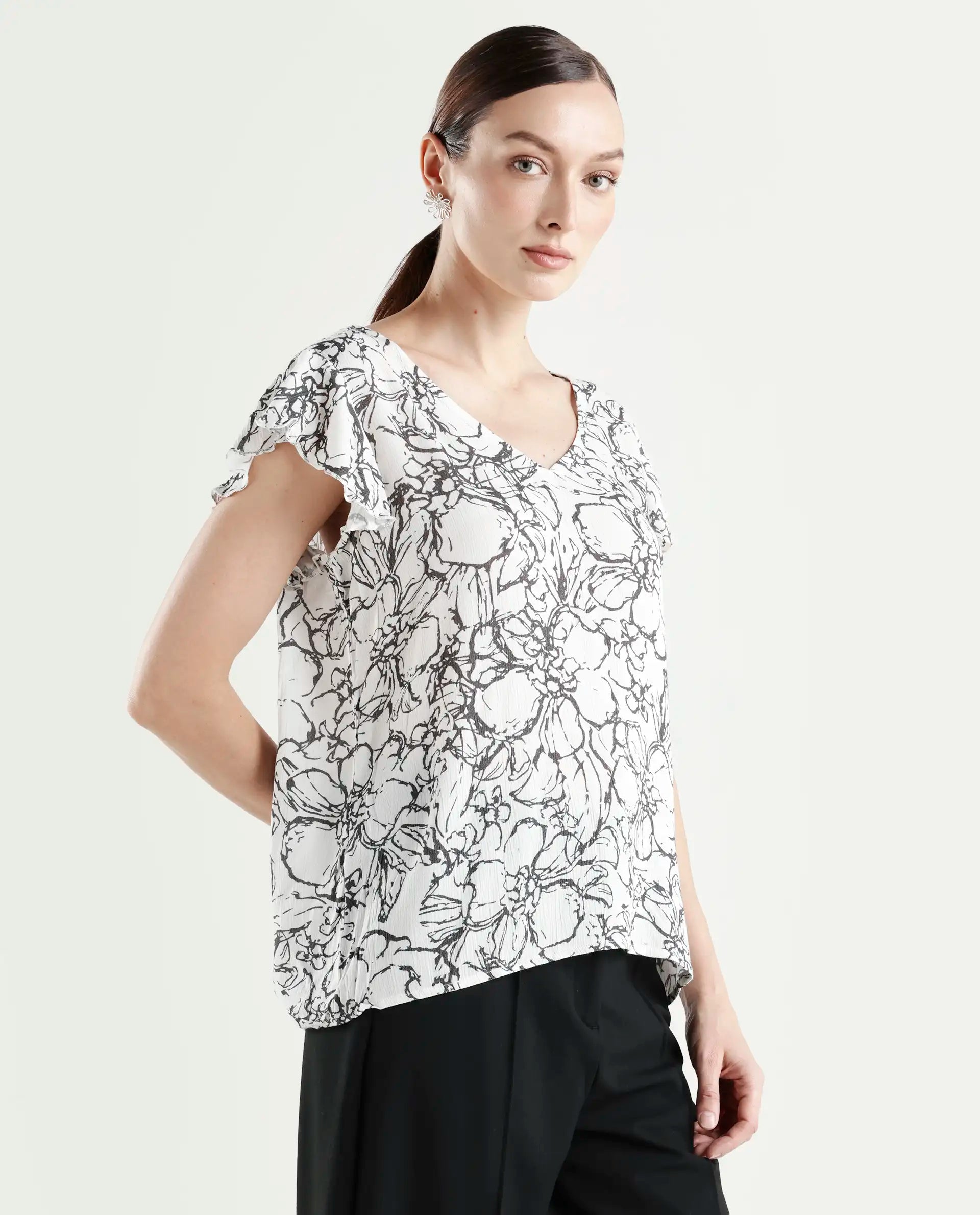 Rareism Women's Helene Light Rayon V-Neck Abstract Print Ruffled Sleeve Regular Fit Top