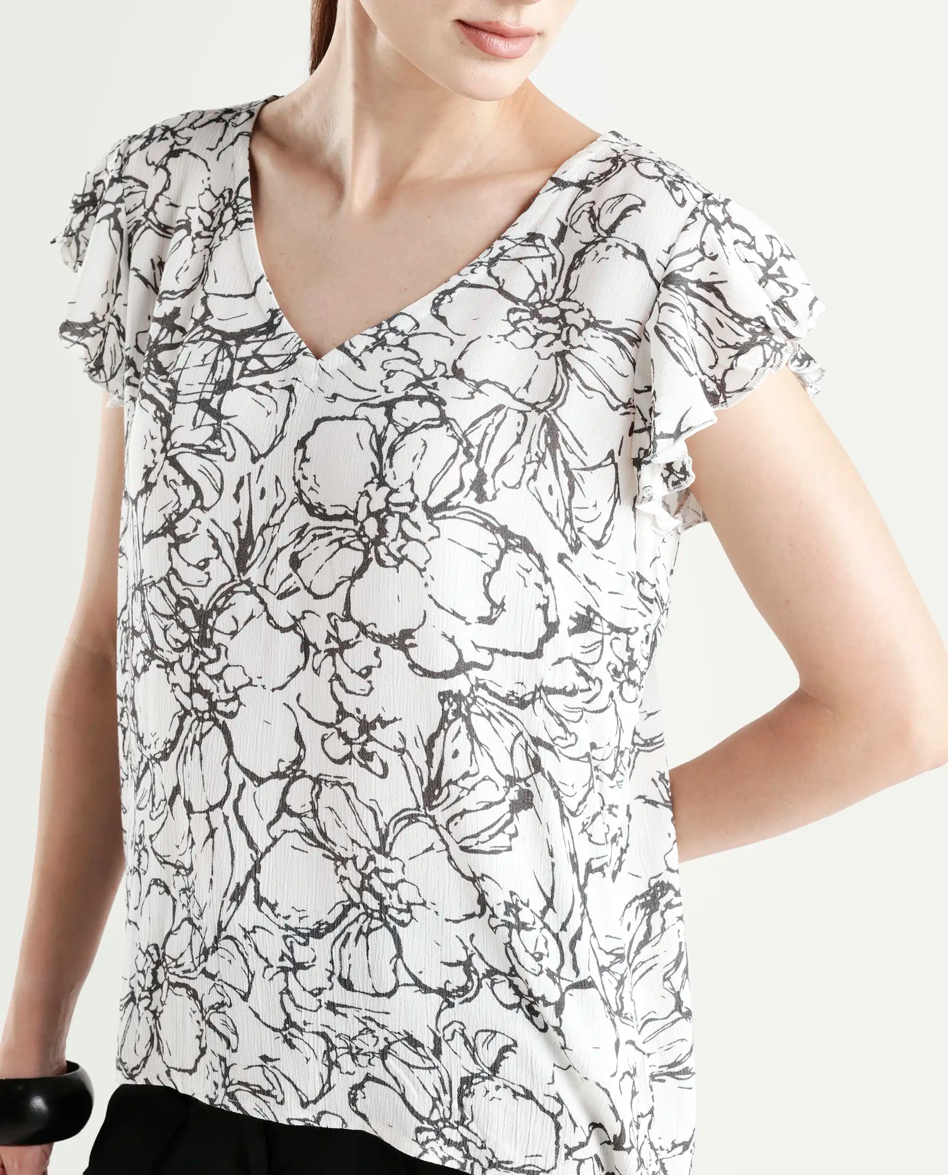 Rareism Women's Helene Light Rayon V-Neck Abstract Print Ruffled Sleeve Regular Fit Top