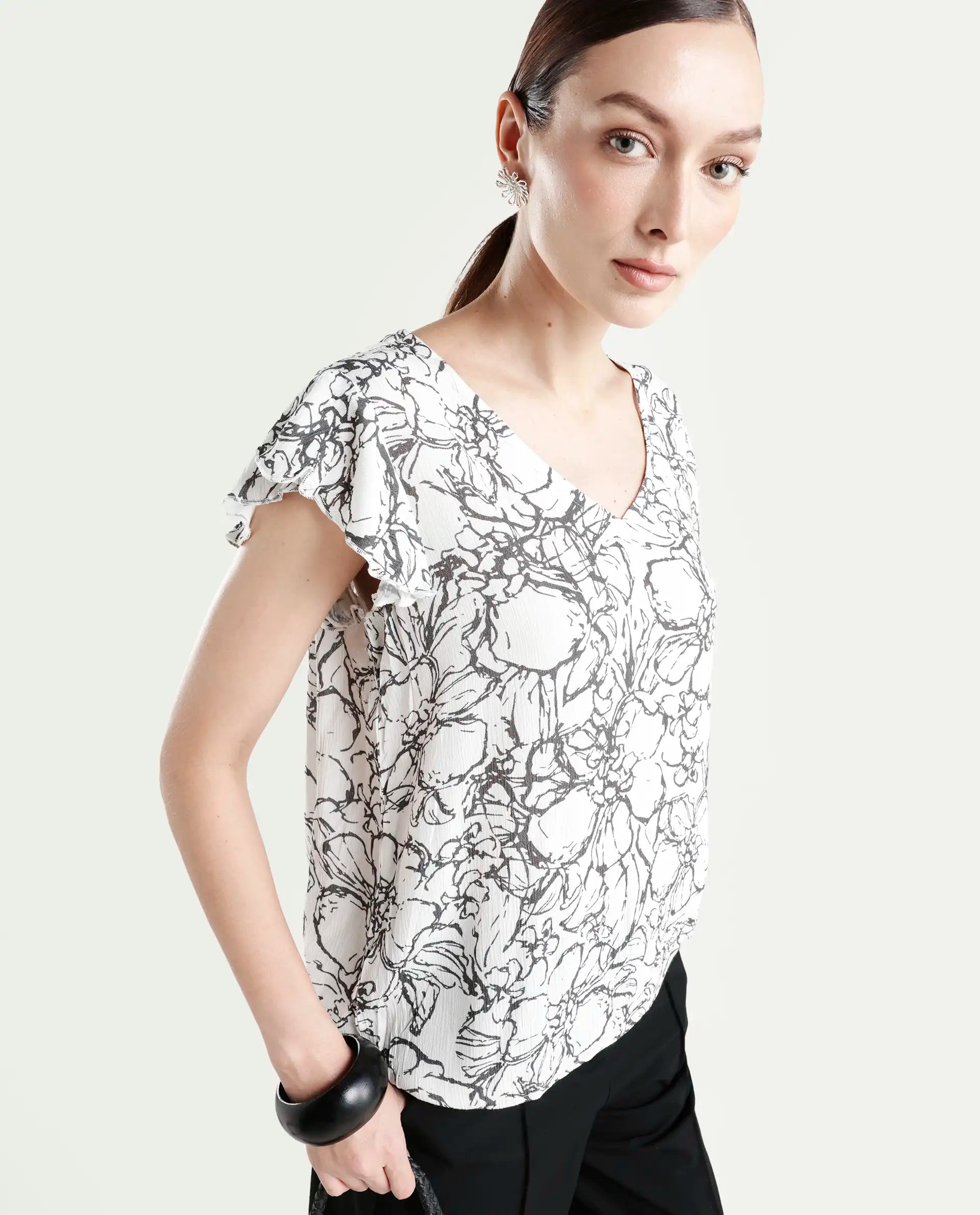 Rareism Women's Helene Light Rayon V-Neck Abstract Print Ruffled Sleeve Regular Fit Top