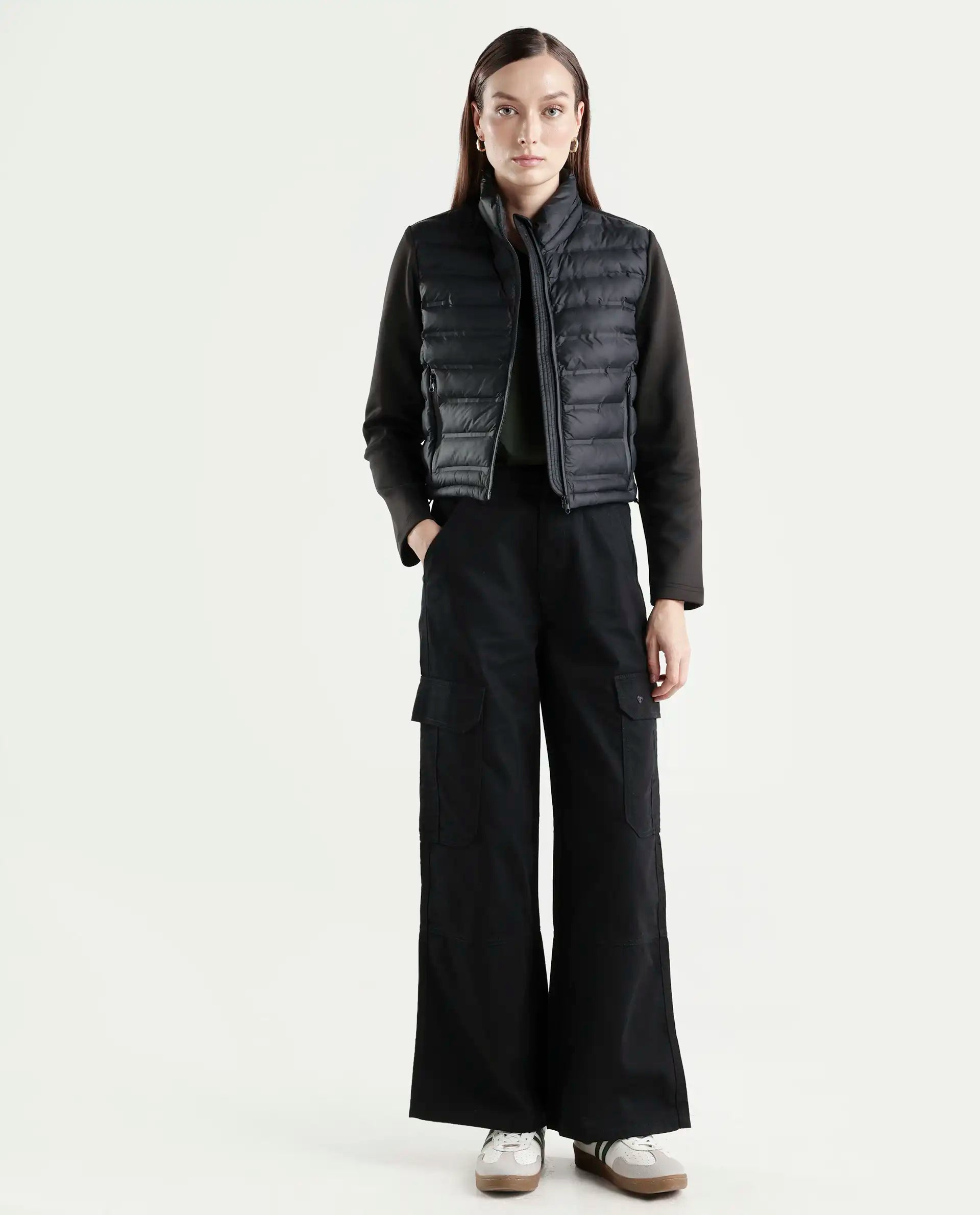 Rareism Women's Itsiz Black Cotton Plain Ankle Length Wide Trouser