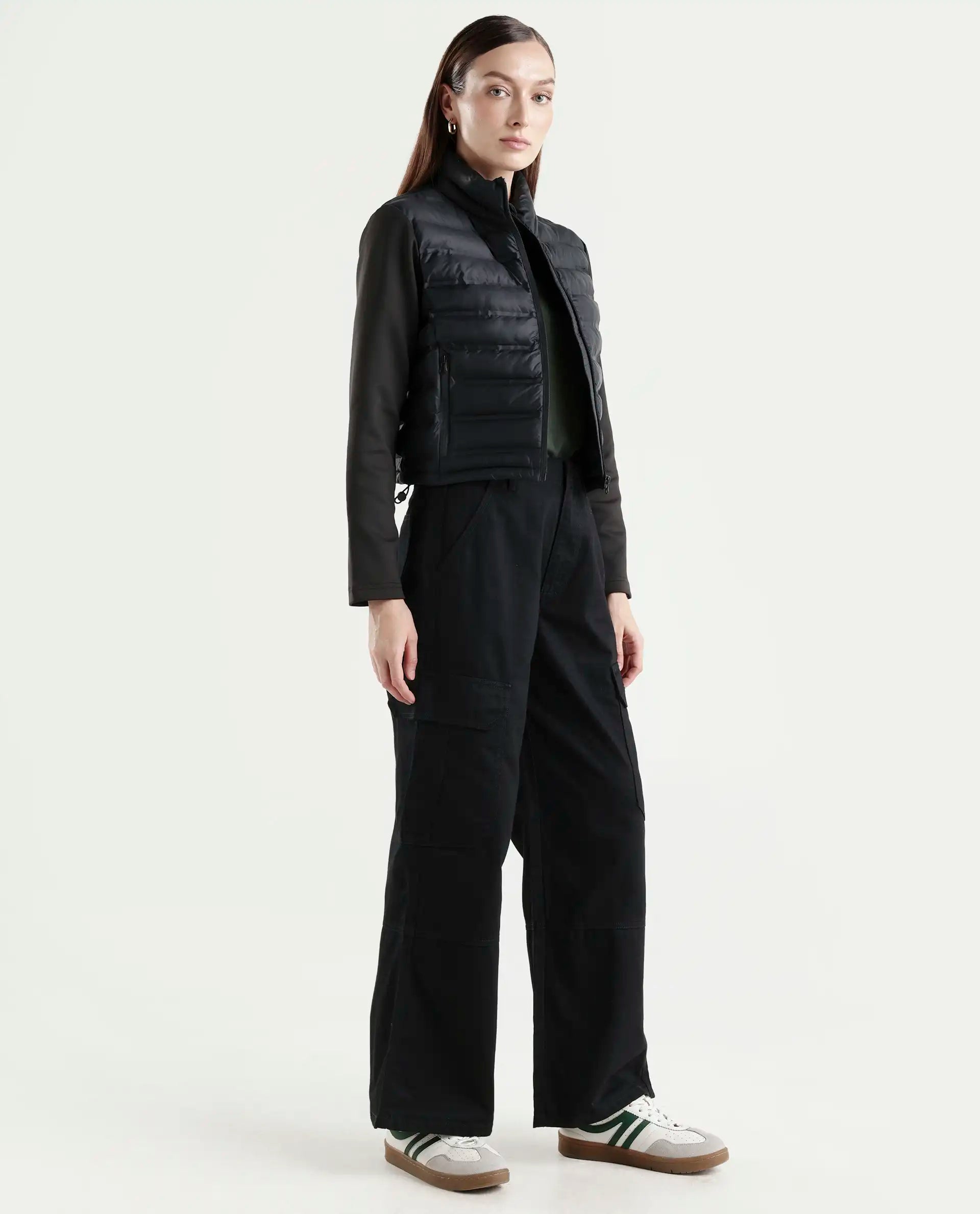 Rareism Women's Itsiz Black Cotton Plain Ankle Length Wide Trouser