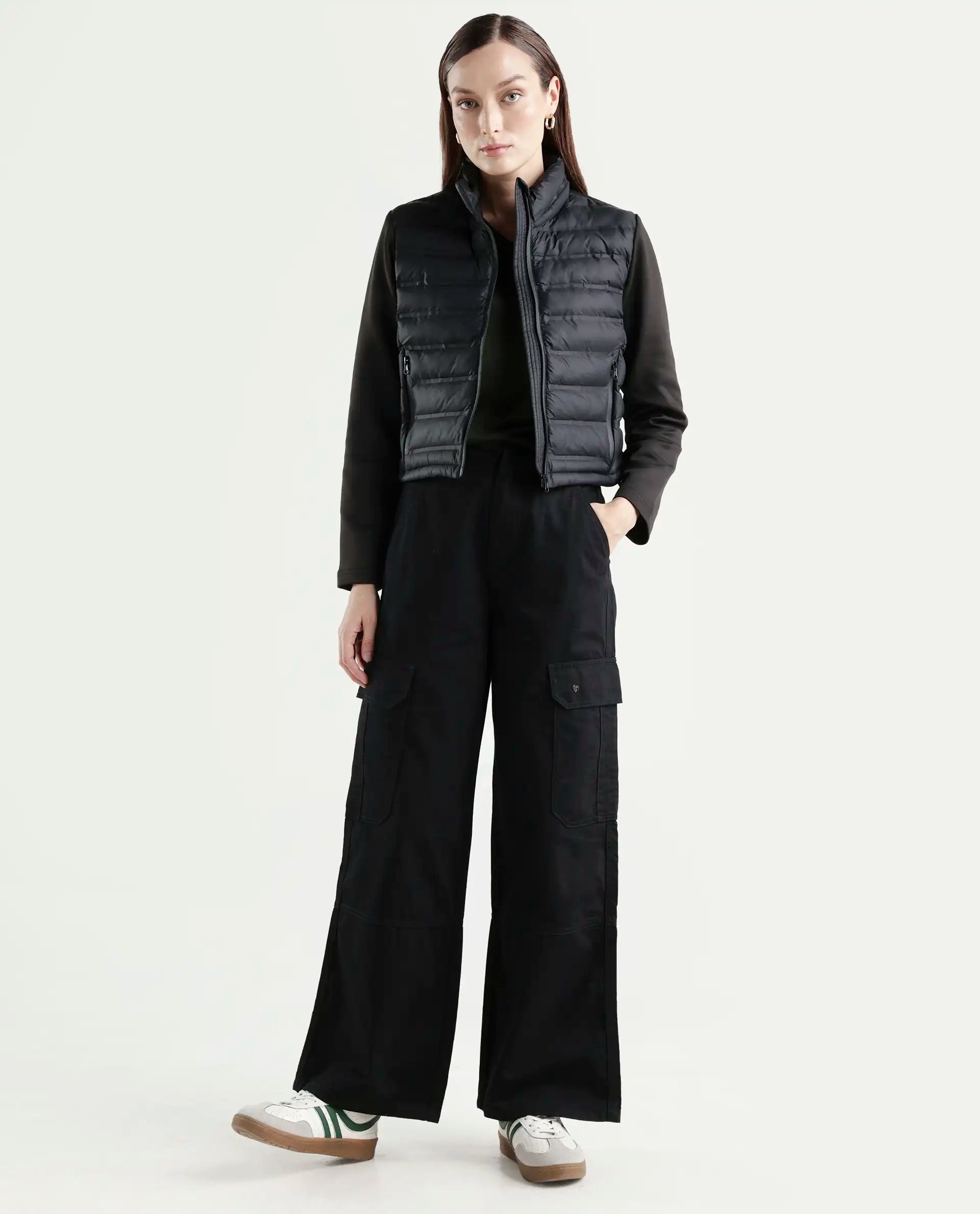 Rareism Women's Itsiz Black Cotton Plain Ankle Length Wide Trouser