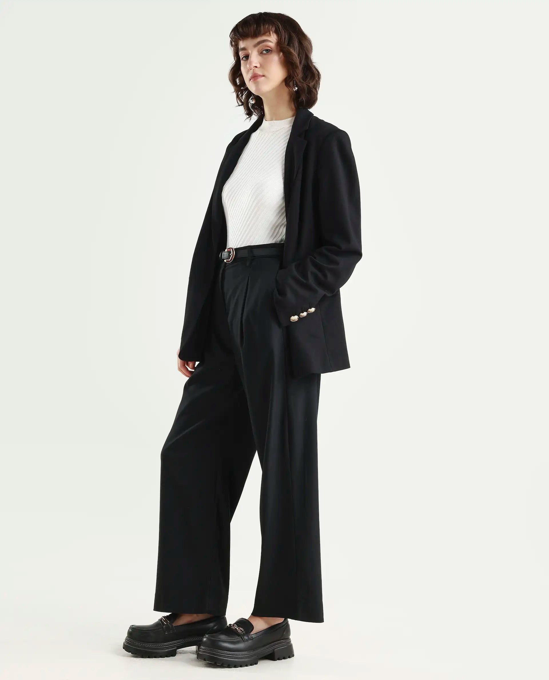 Rareism Women's Nuray Black Cotton Blend Plain Ankle Length Straight Fit Trouser