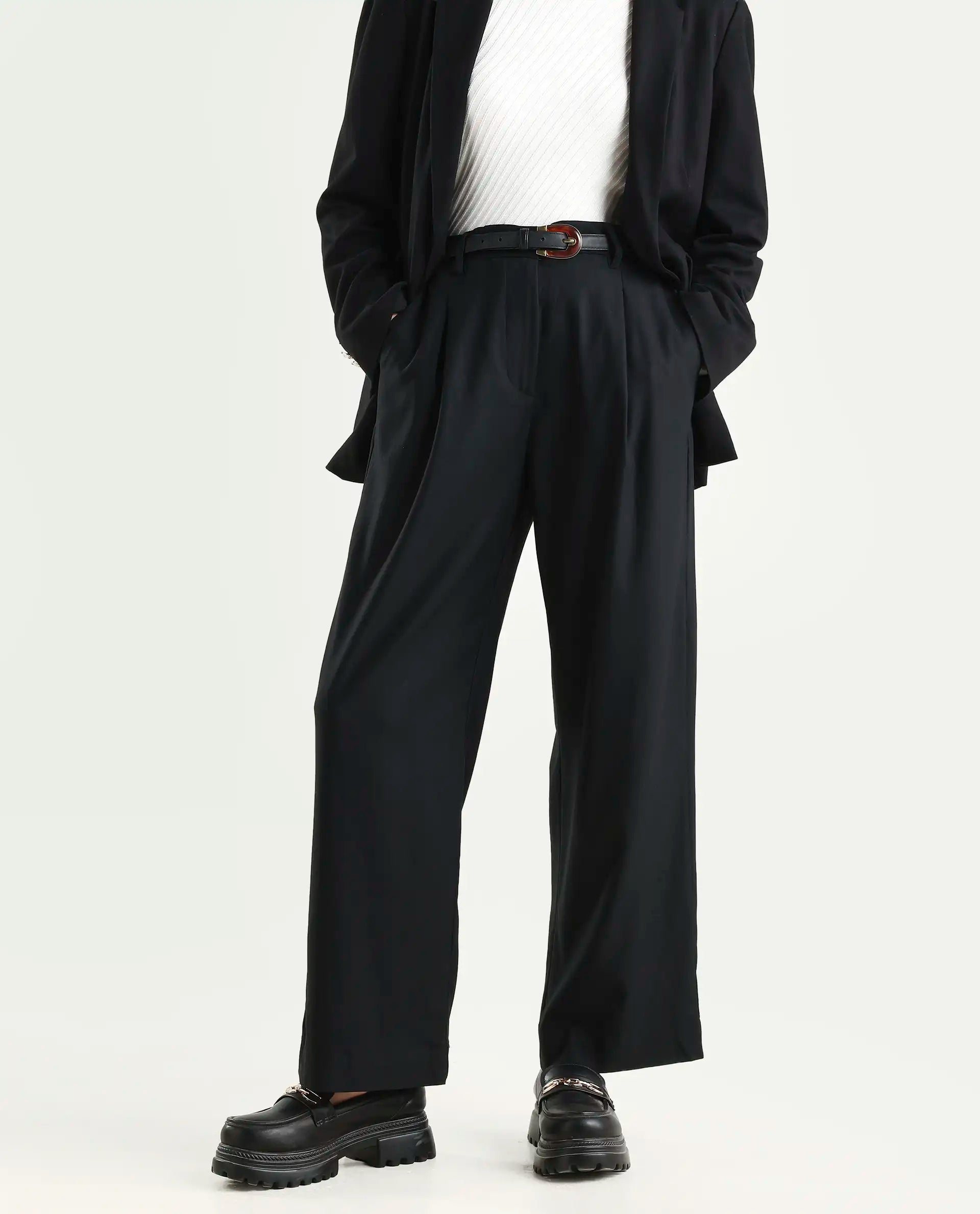 Rareism Women's Nuray Black Cotton Blend Plain Ankle Length Straight Fit Trouser