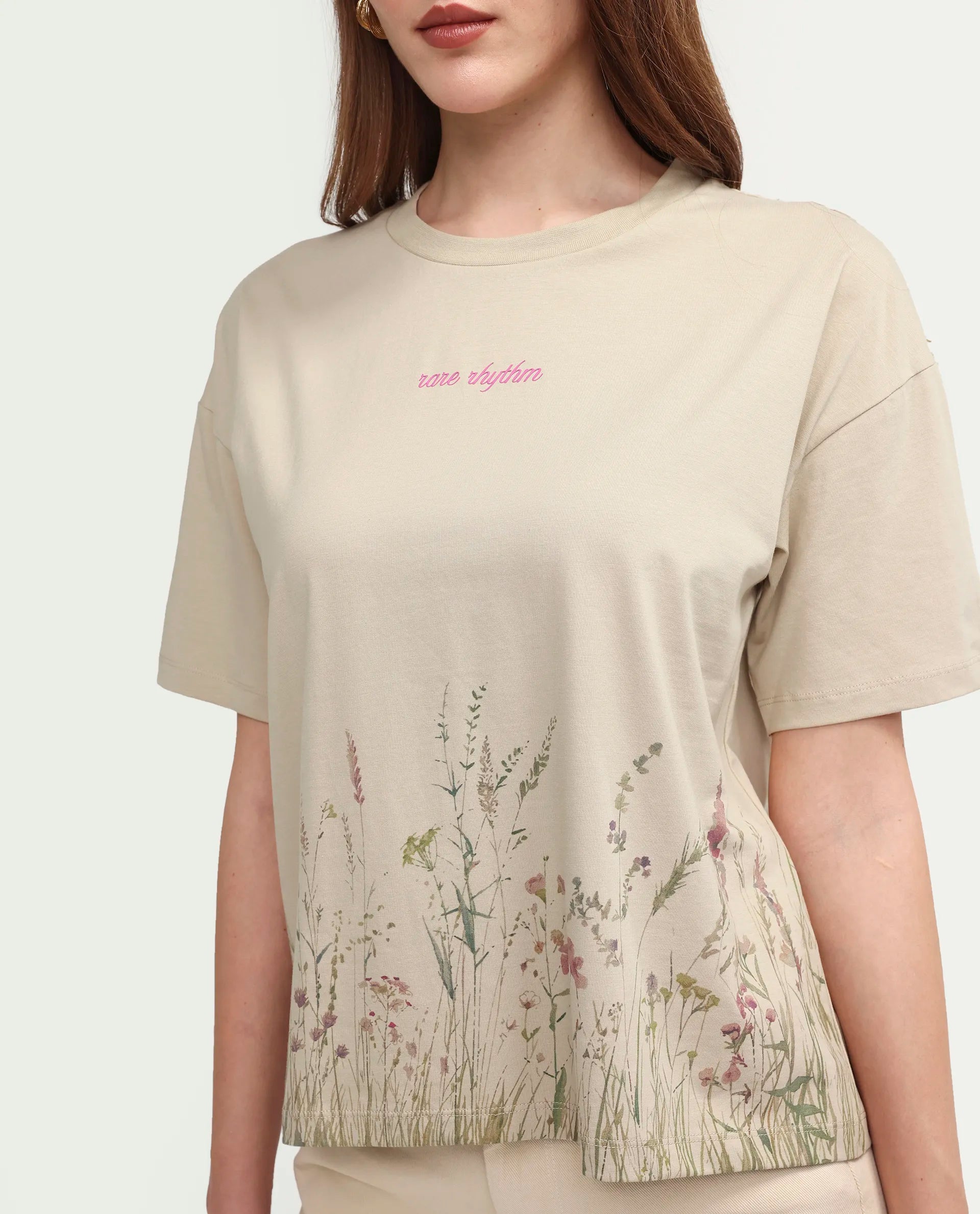Rareism Women's Pront Beige Cotton Blend Crew Neck Floral Print Boxy Fit T-Shirt