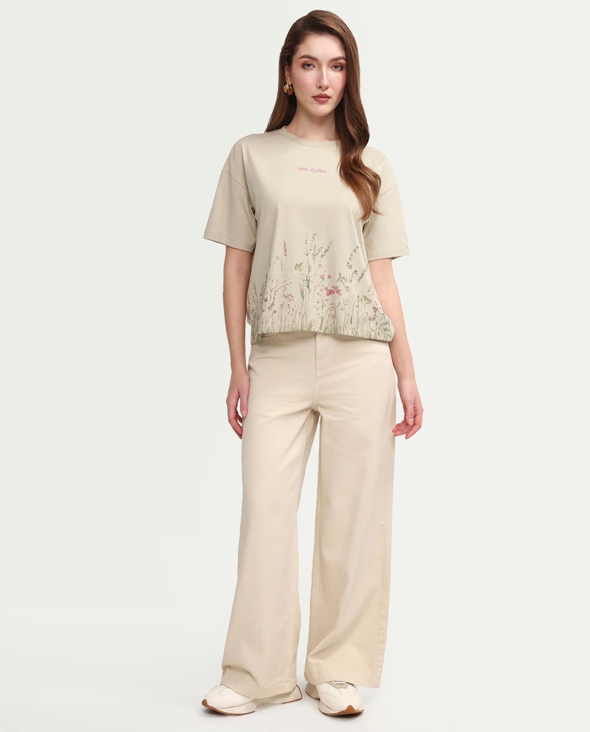 Rareism Women's Pront Beige Cotton Blend Crew Neck Floral Print Boxy Fit T-Shirt