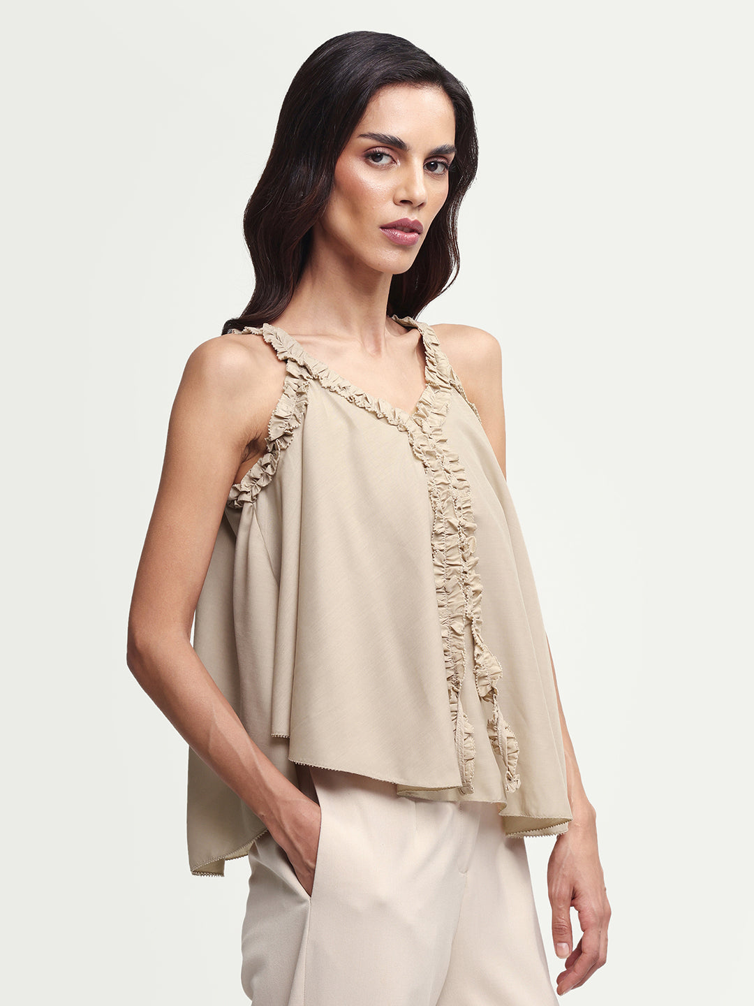 Rareism Women's Epave Beige Viscose V-Neck Plain Sleeveless Relaxed Fit Top