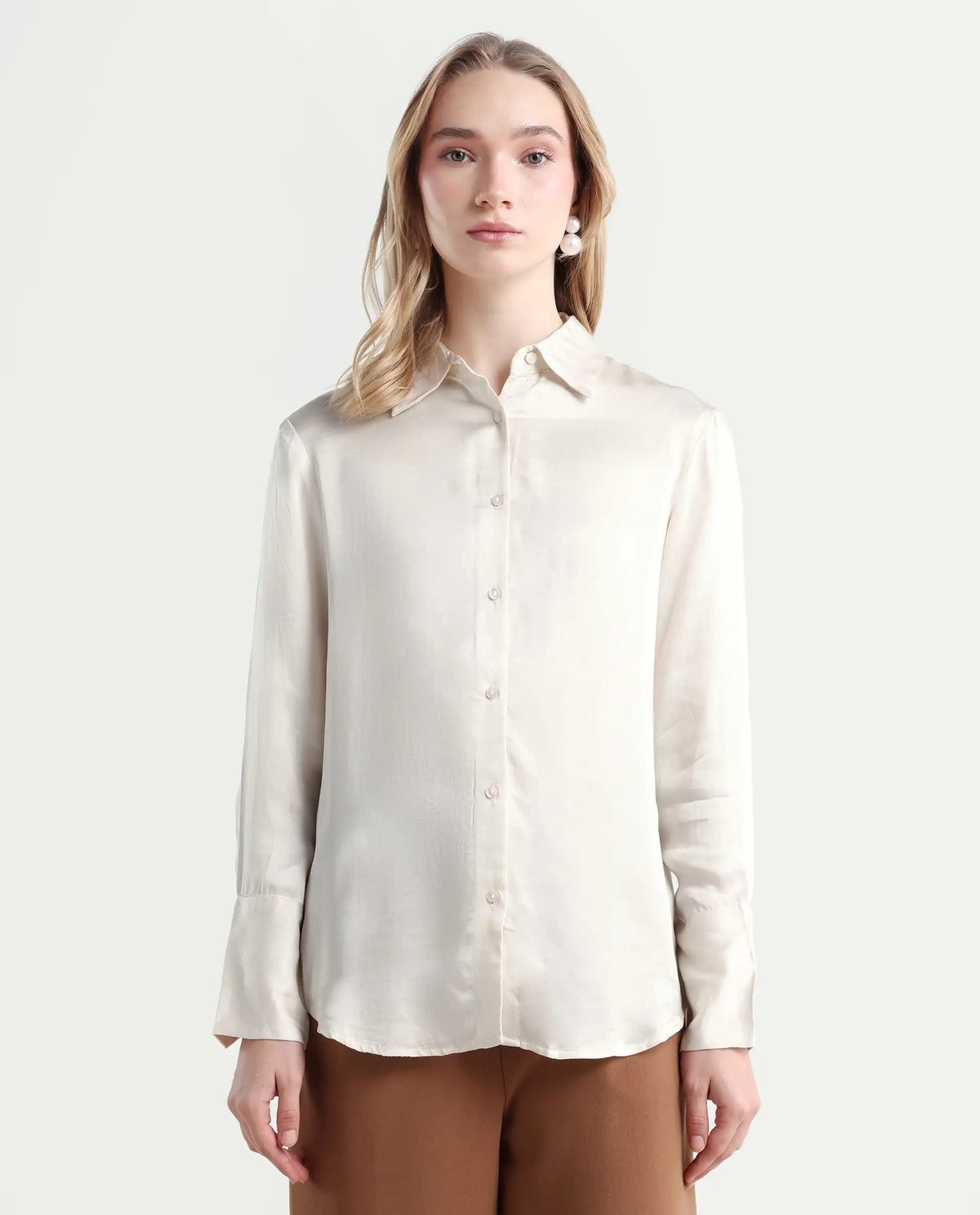 Rareism Women's Jaux Beige Satin Collared Plain Cuffed Sleeve Regular Fit Shirt