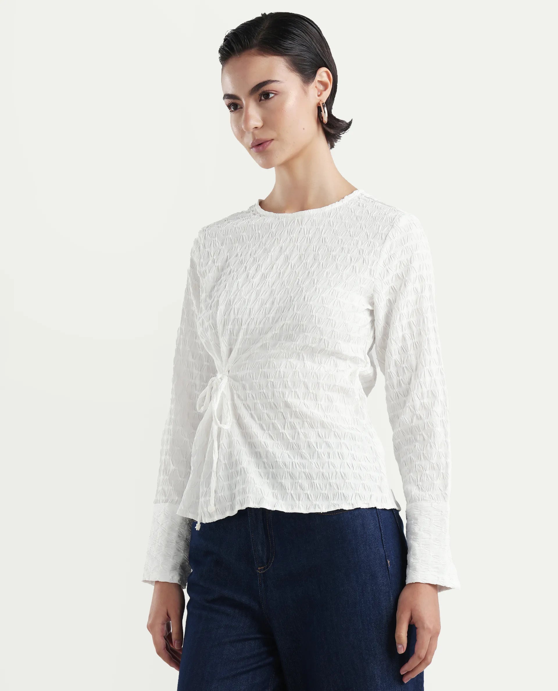 Rareism Women's Kiop White Polyester Crew Neck Plain Cuffed Sleeve Regular Fit Top