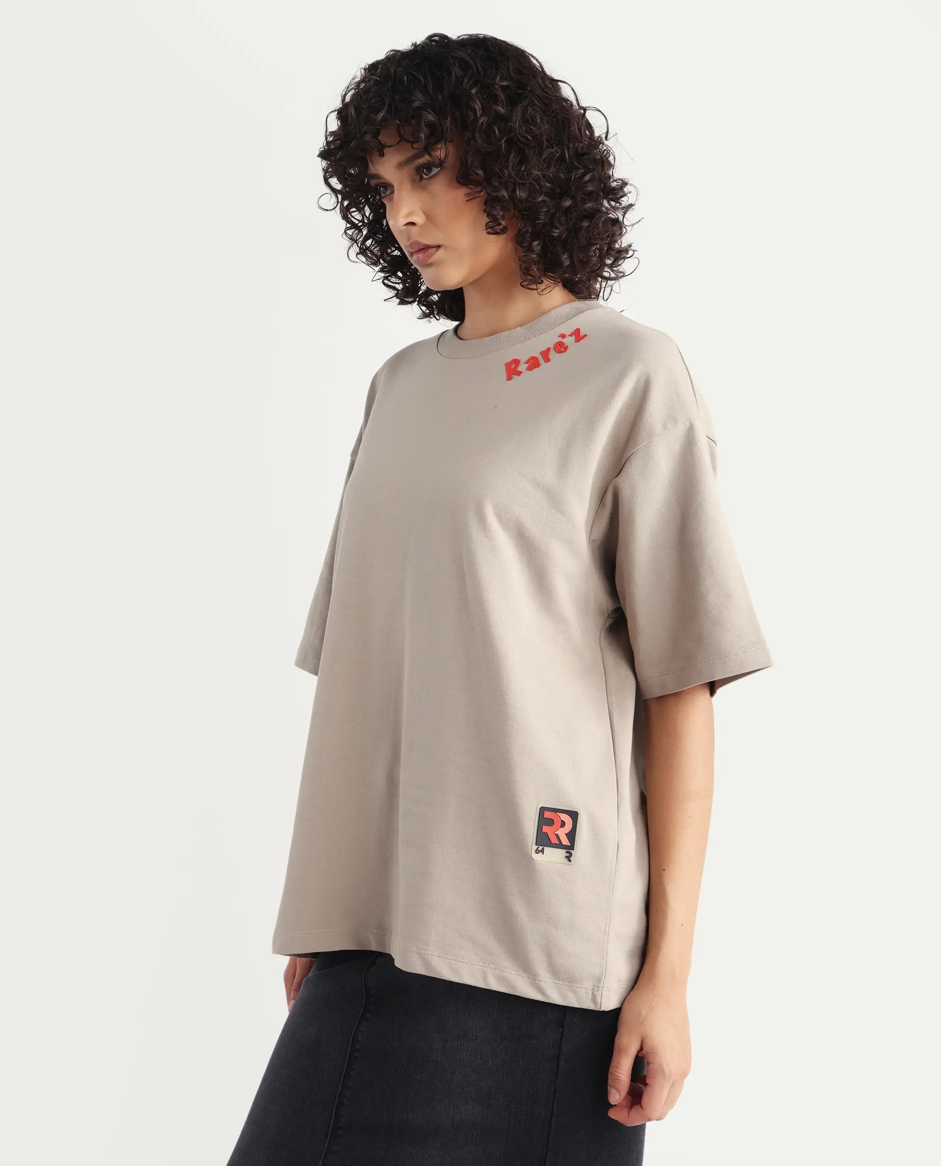 Rareism Women's Qlax Beige Cotton Graphic Print Oversized T-Shirt