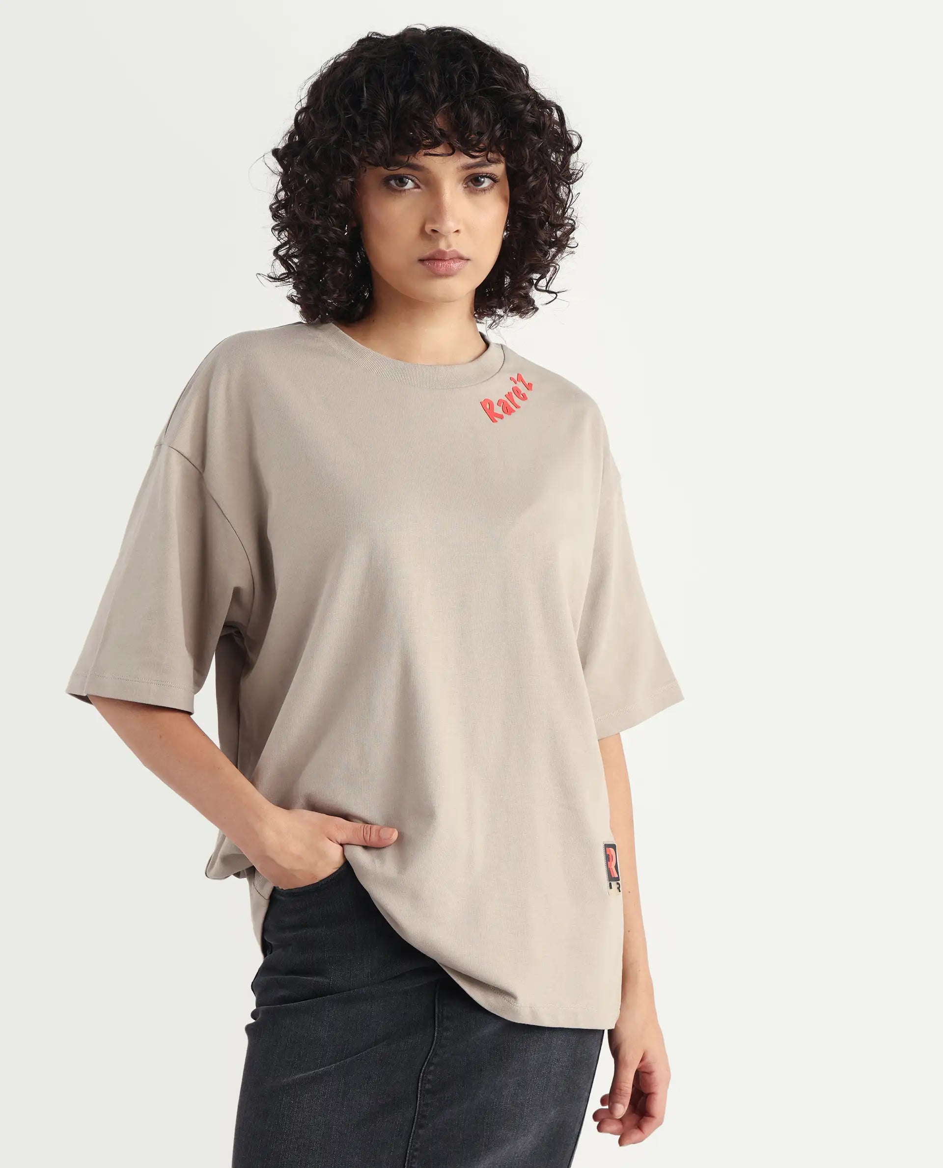 Rareism Women's Qlax Beige Cotton Graphic Print Oversized T-Shirt