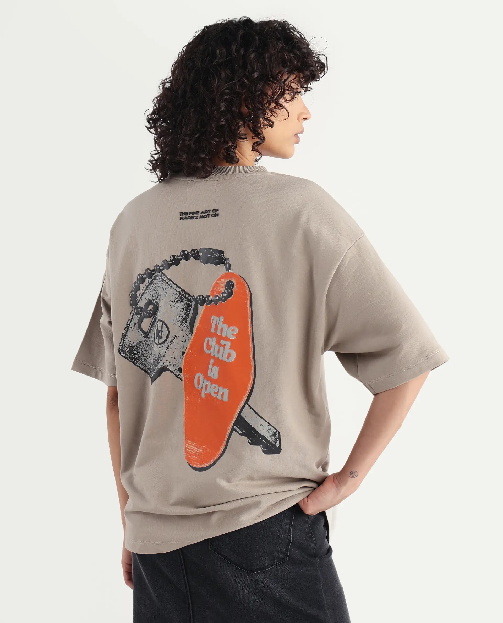 Rareism Women's Qlax Beige Cotton Graphic Print Oversized T-Shirt