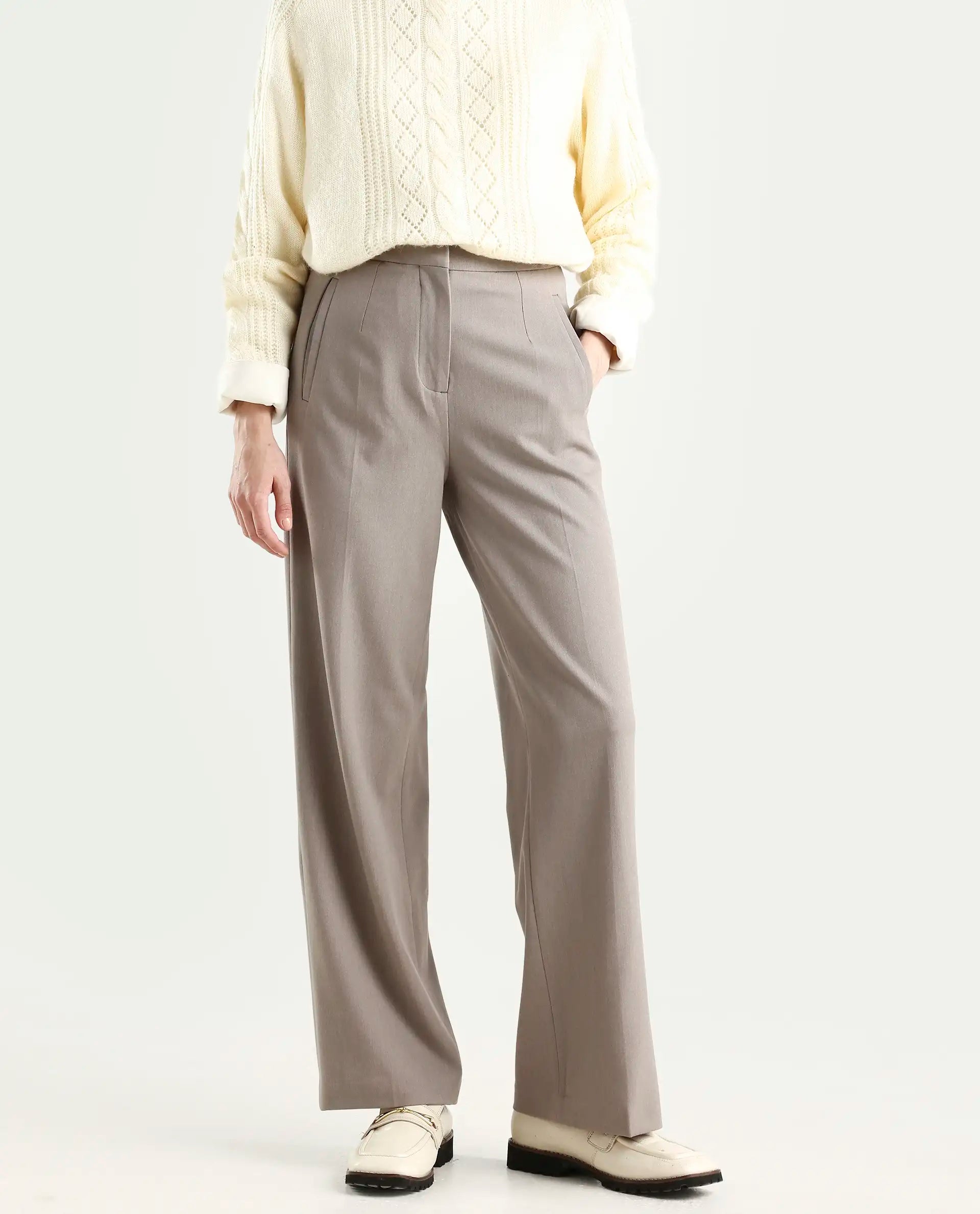 Rareism Women's Srait Fawn Polyester Blend Straight Fit Travel Trouser