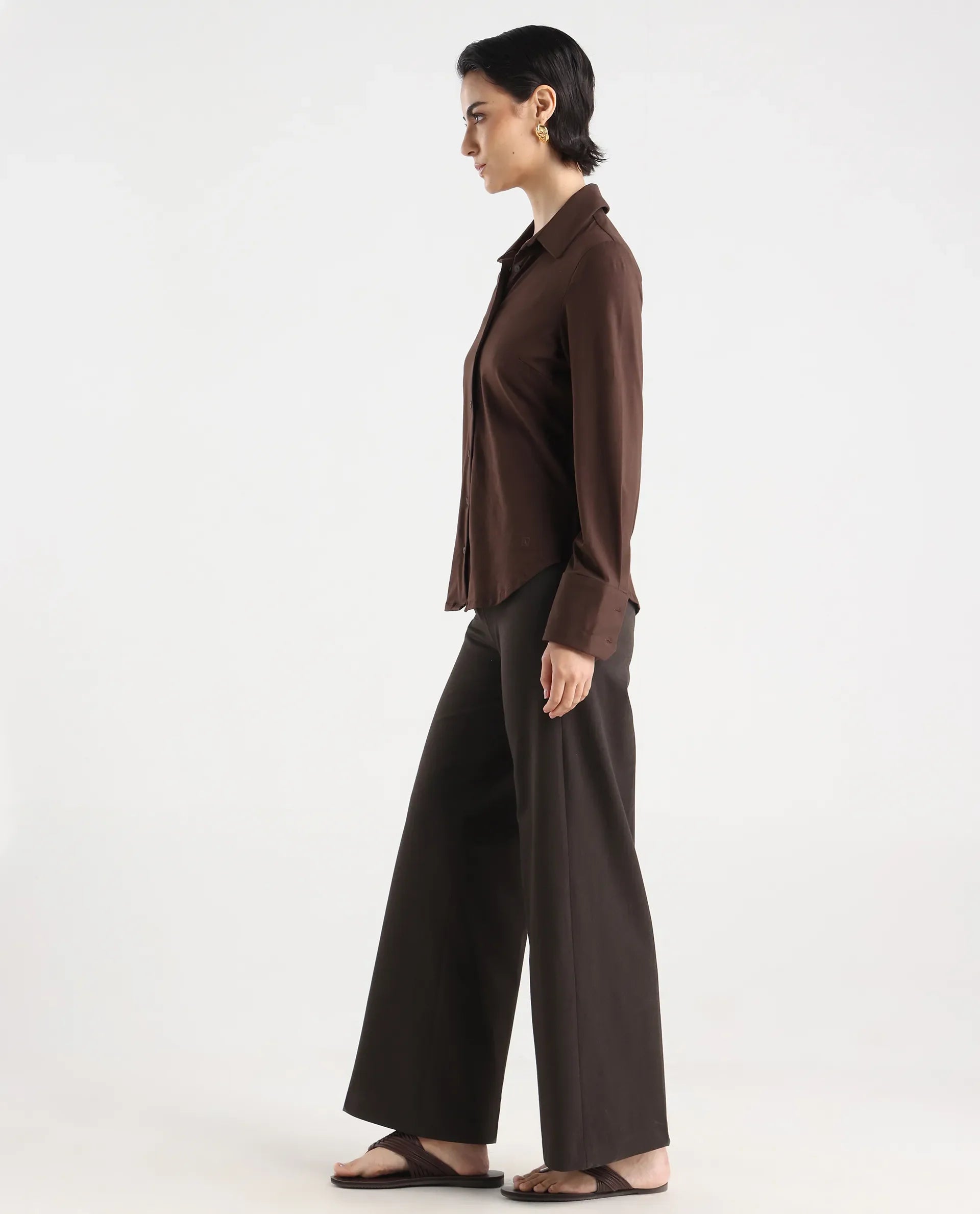 Rareism Women Wido Dark Brown Polyester Blend Button Wide Leg Fit Plain Travel Trouser