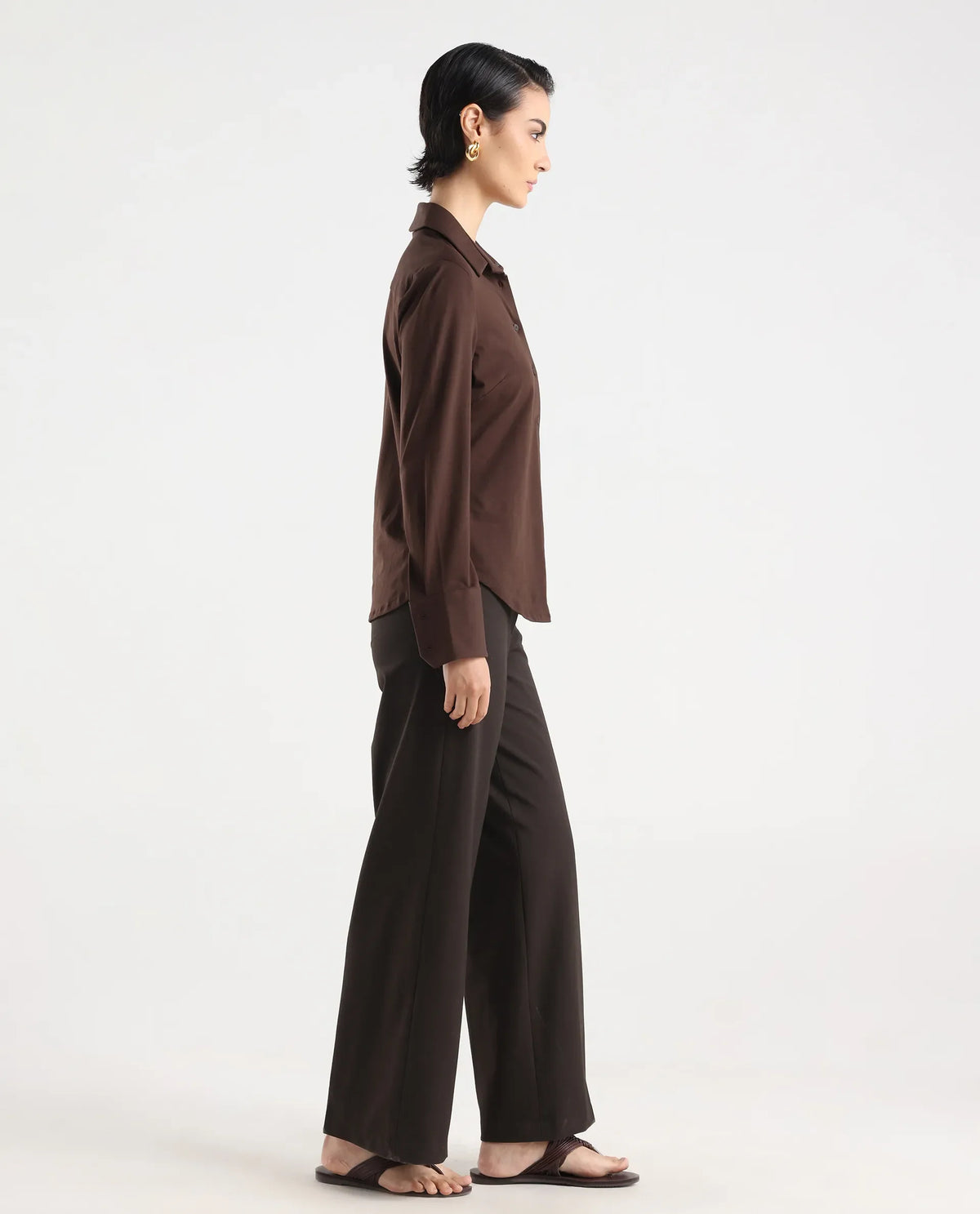 Rareism Women Wido Dark Brown Polyester Blend Button Wide Leg Fit Plain Travel Trouser