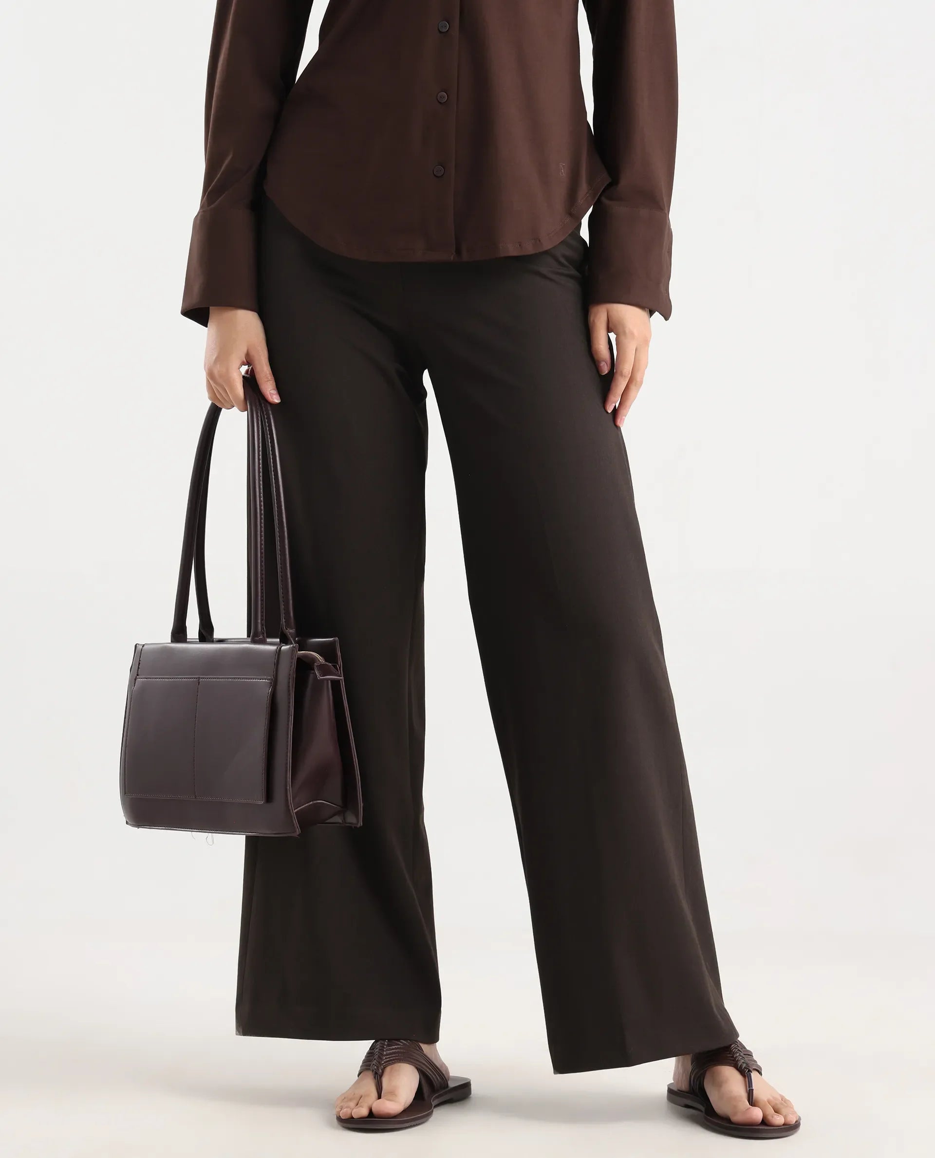 Rareism Women Wido Dark Brown Polyester Blend Button Wide Leg Fit Plain Travel Trouser