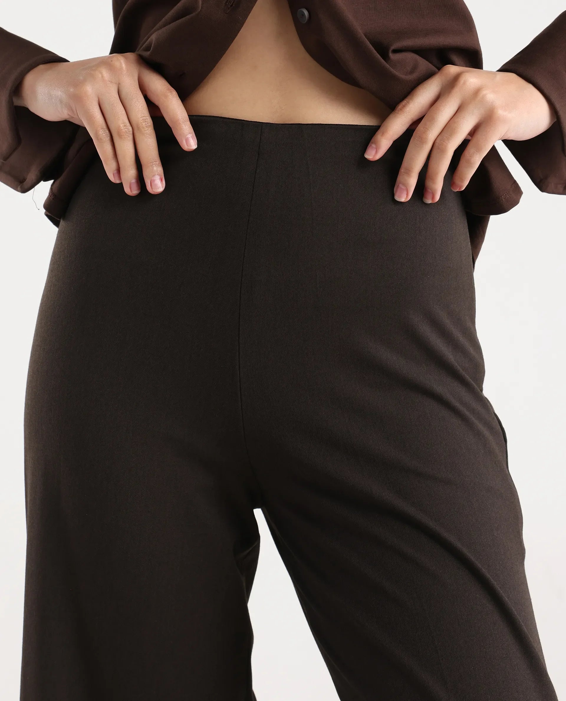 Rareism Women Wido Dark Brown Polyester Blend Button Wide Leg Fit Plain Travel Trouser