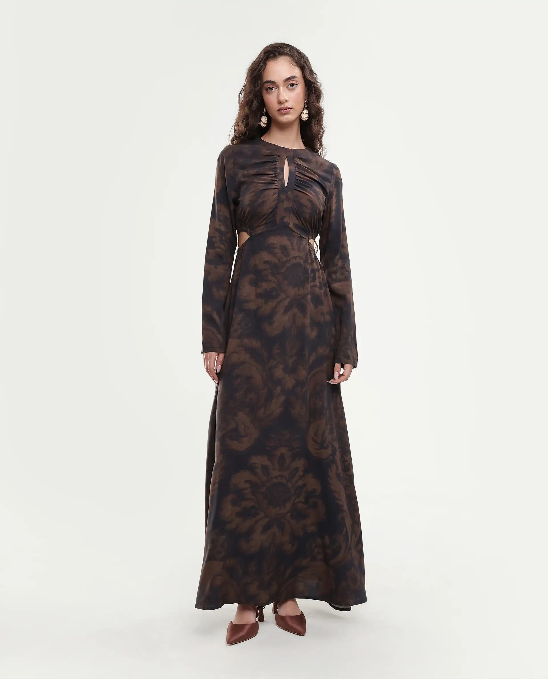 Rareism Women's Azor Dark Brown Viscose Fit & Flare Maxi Dress