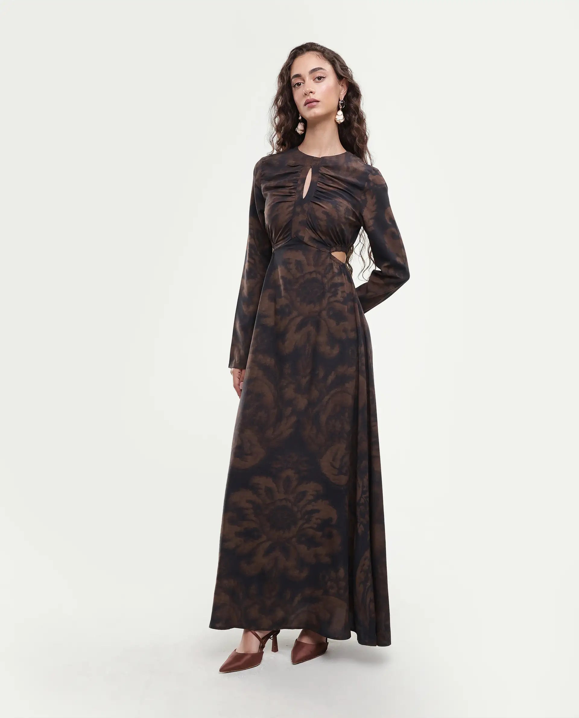Rareism Women's Azor Dark Brown Viscose Fit & Flare Maxi Dress