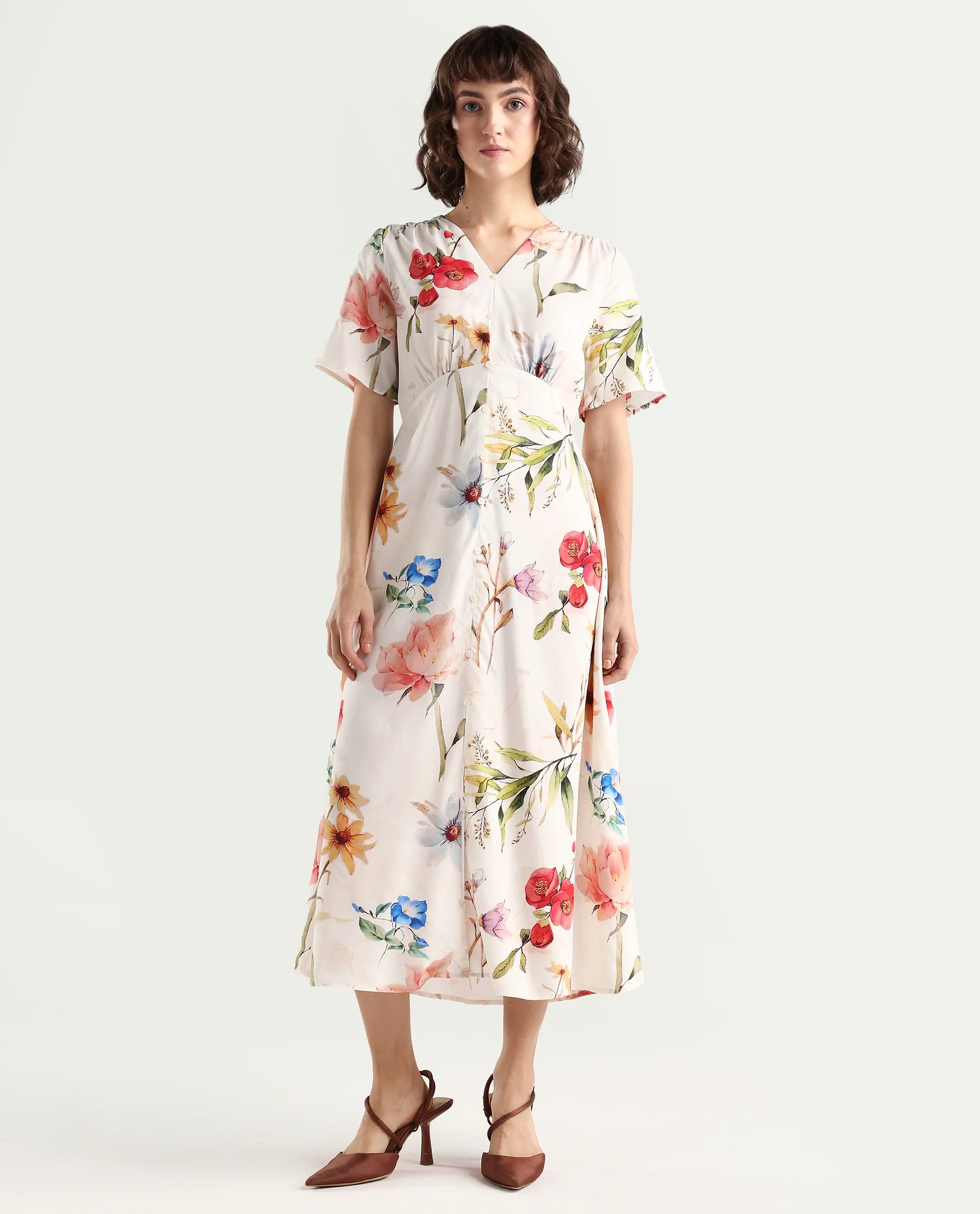 Rareism Women's Vanah Off White Viscose Half Sleeve V-Neck A-Line Floral Print Dress