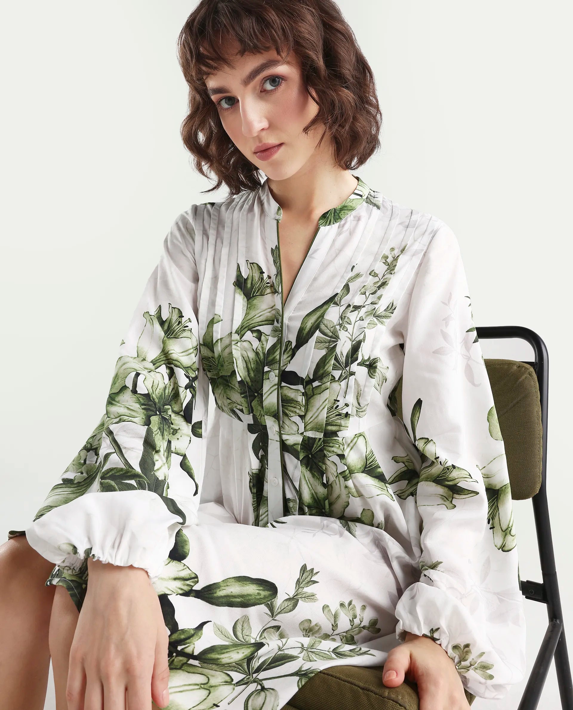 Rareism Women's Arote Off White Viscose Full Sleeve Band Collar Fit And Flare Floral Print Dress