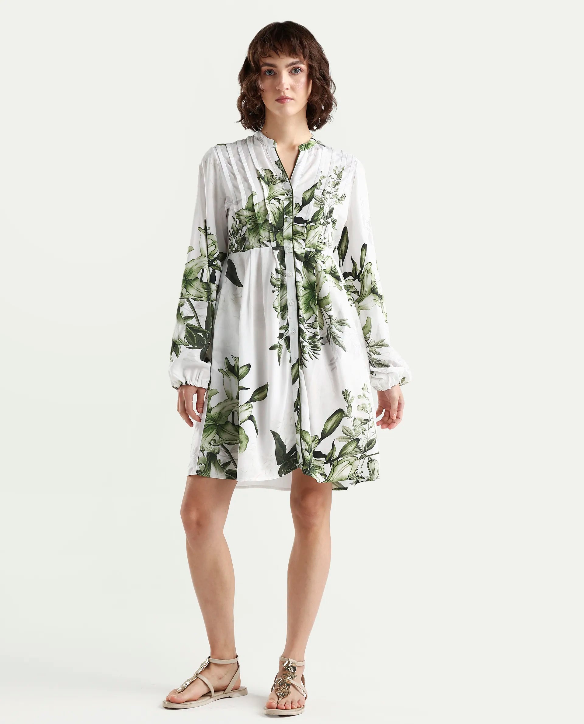 Rareism Women's Arote Off White Viscose Full Sleeve Band Collar Fit And Flare Floral Print Dress
