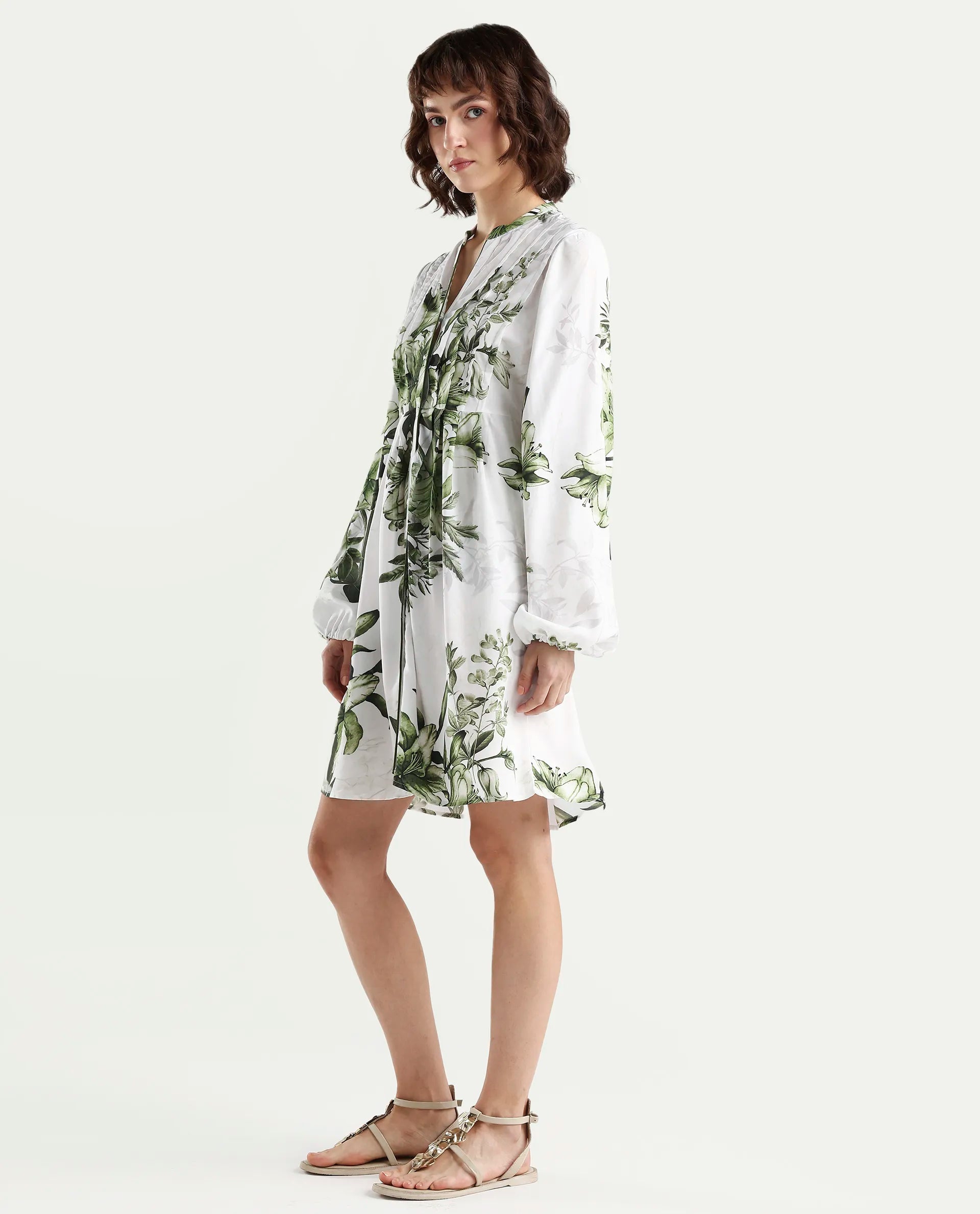 Rareism Women's Arote Off White Viscose Full Sleeve Band Collar Fit And Flare Floral Print Dress
