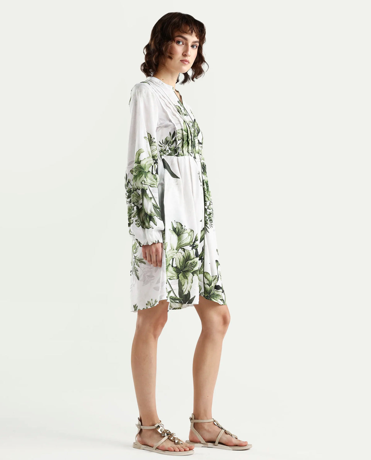 Rareism Women's Arote Off White Viscose Full Sleeve Band Collar Fit And Flare Floral Print Dress