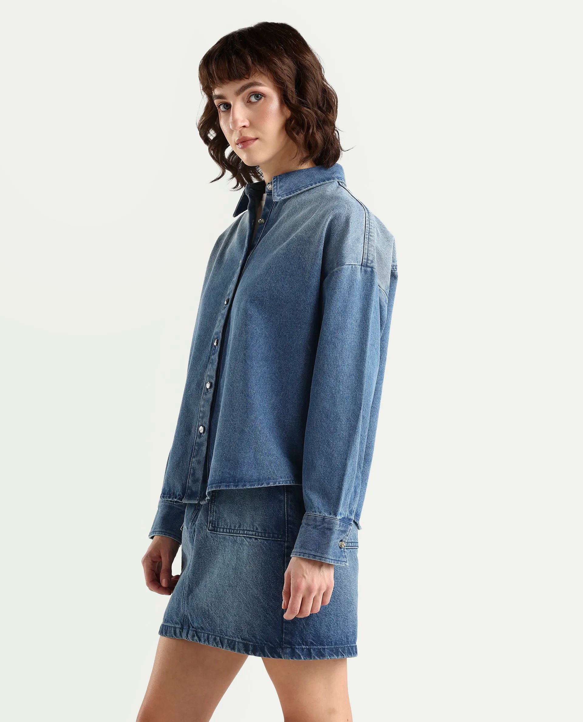 Rareism Women's Denjon Blue Full Sleeve Relaxed Fit Plain Shirt