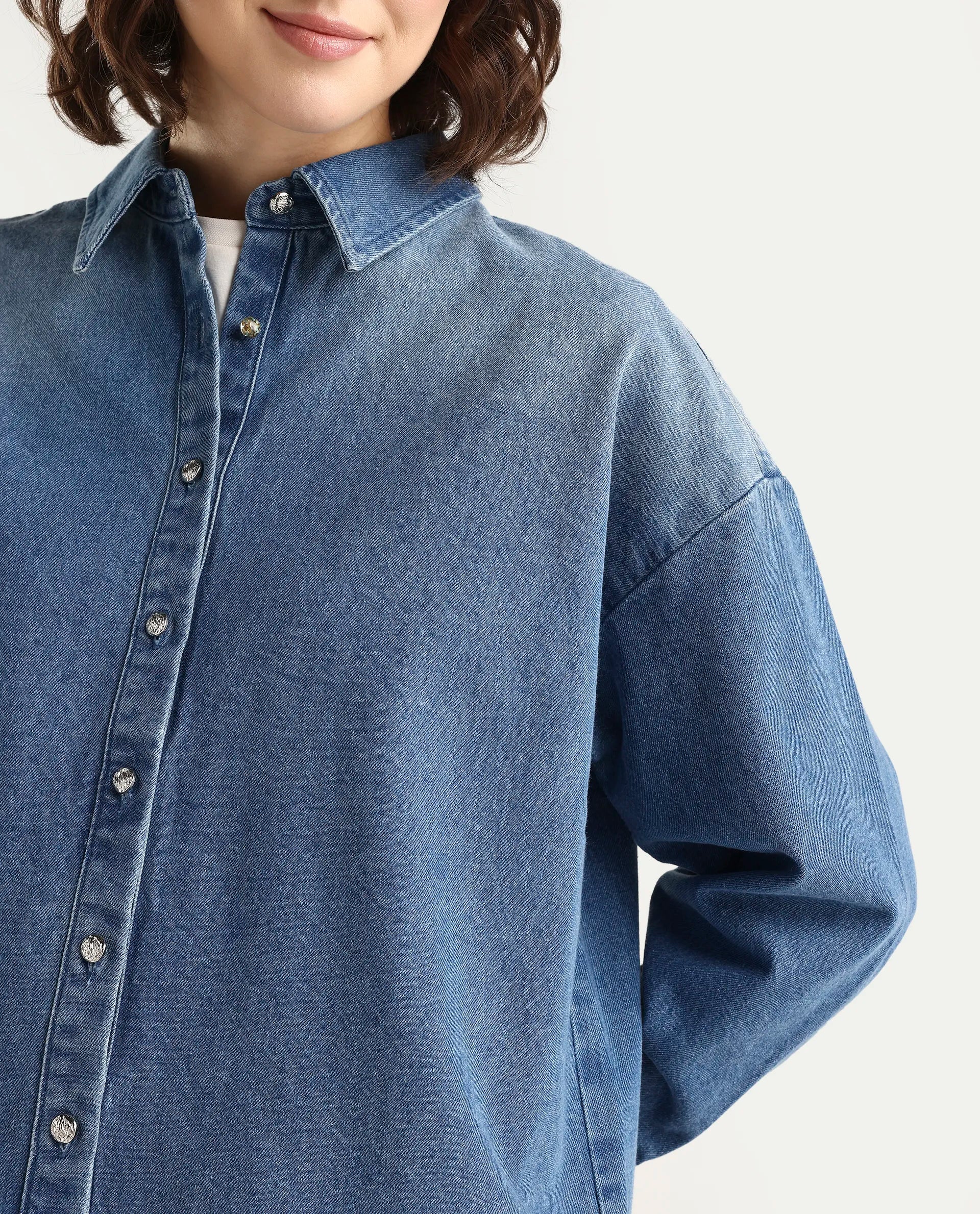 Rareism Women's Denjon Blue Full Sleeve Relaxed Fit Plain Shirt