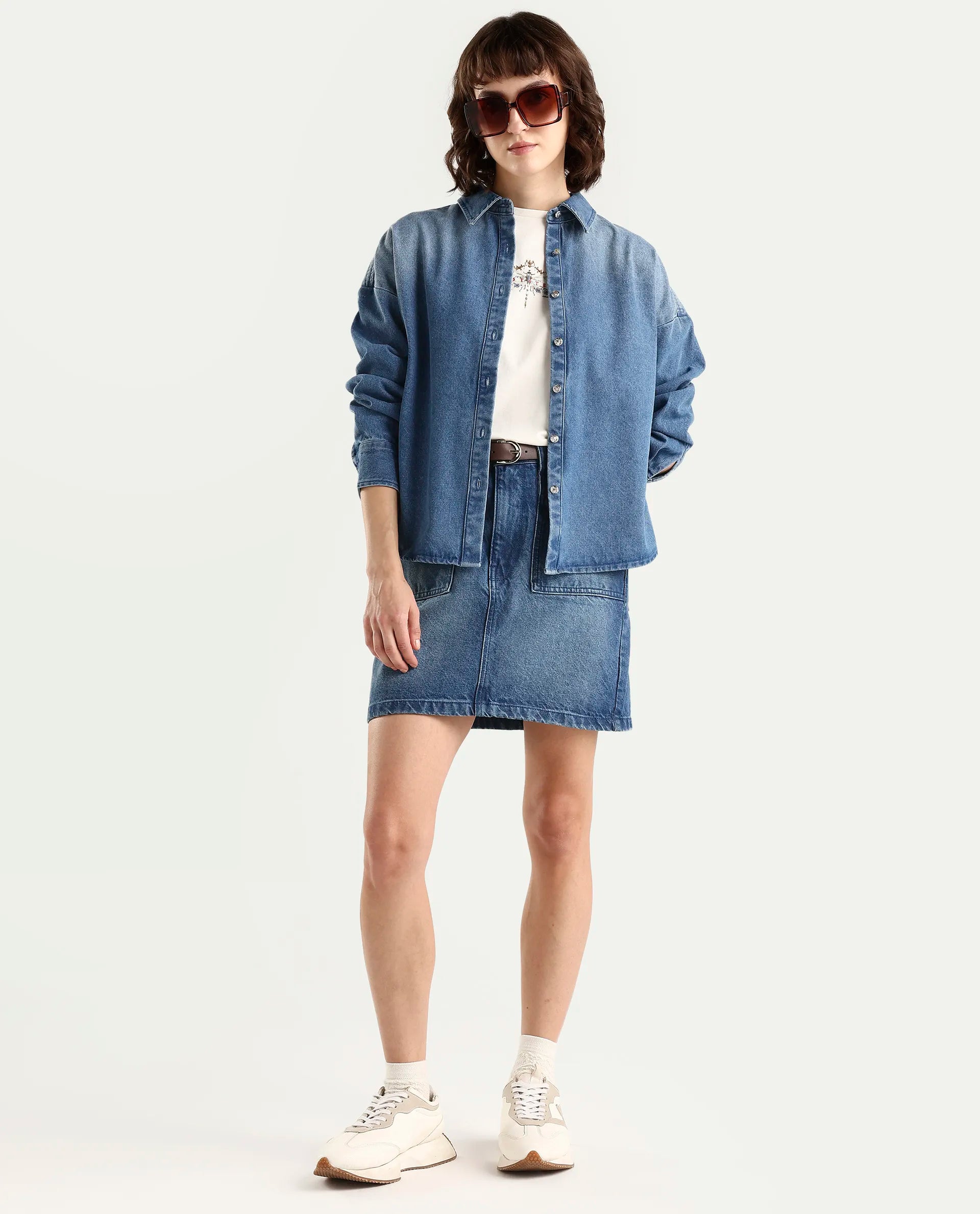 Rareism Women's Denjon Blue Full Sleeve Relaxed Fit Plain Shirt