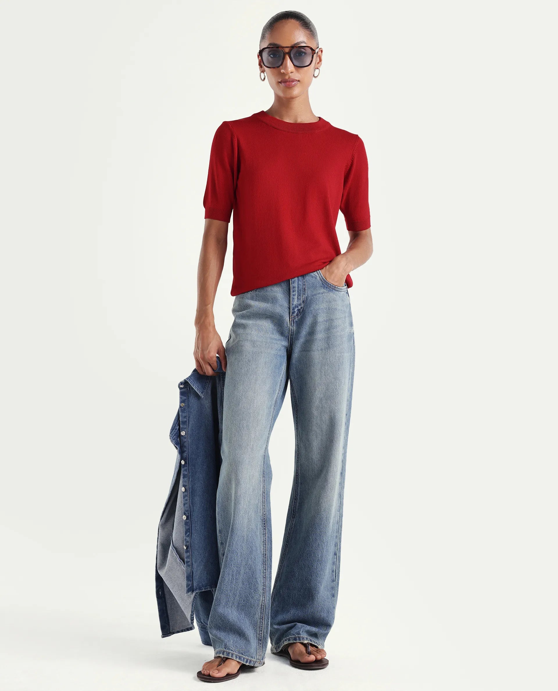 Rareism Women's Sohrdo Red Nylon Blend Half Sleeve Crew Neck Regular Fit Plain Top