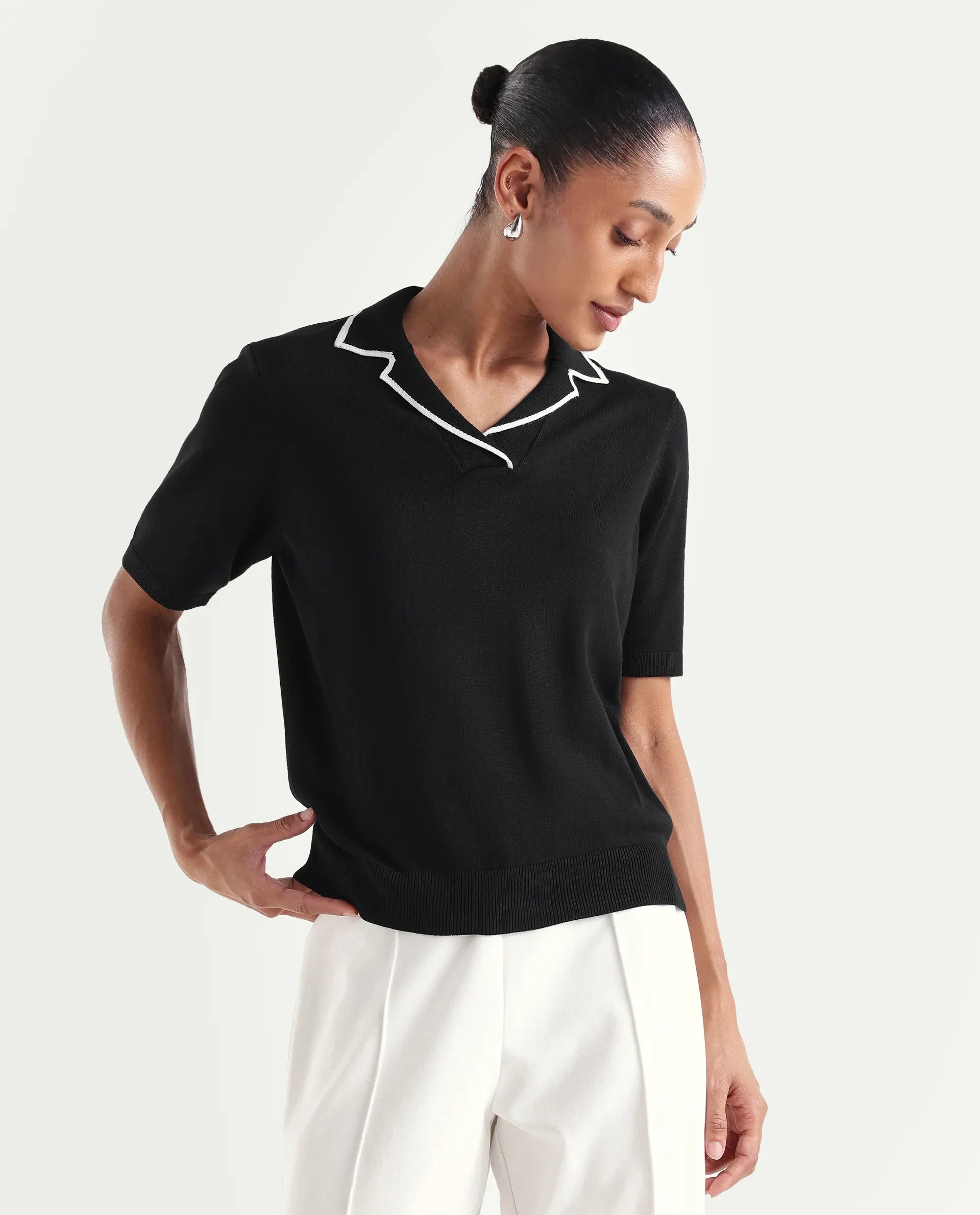 Rareism Women's Syrus Black Nylon Blend Half Sleeve Jonny Collar Relaxed Fit Plain Polo