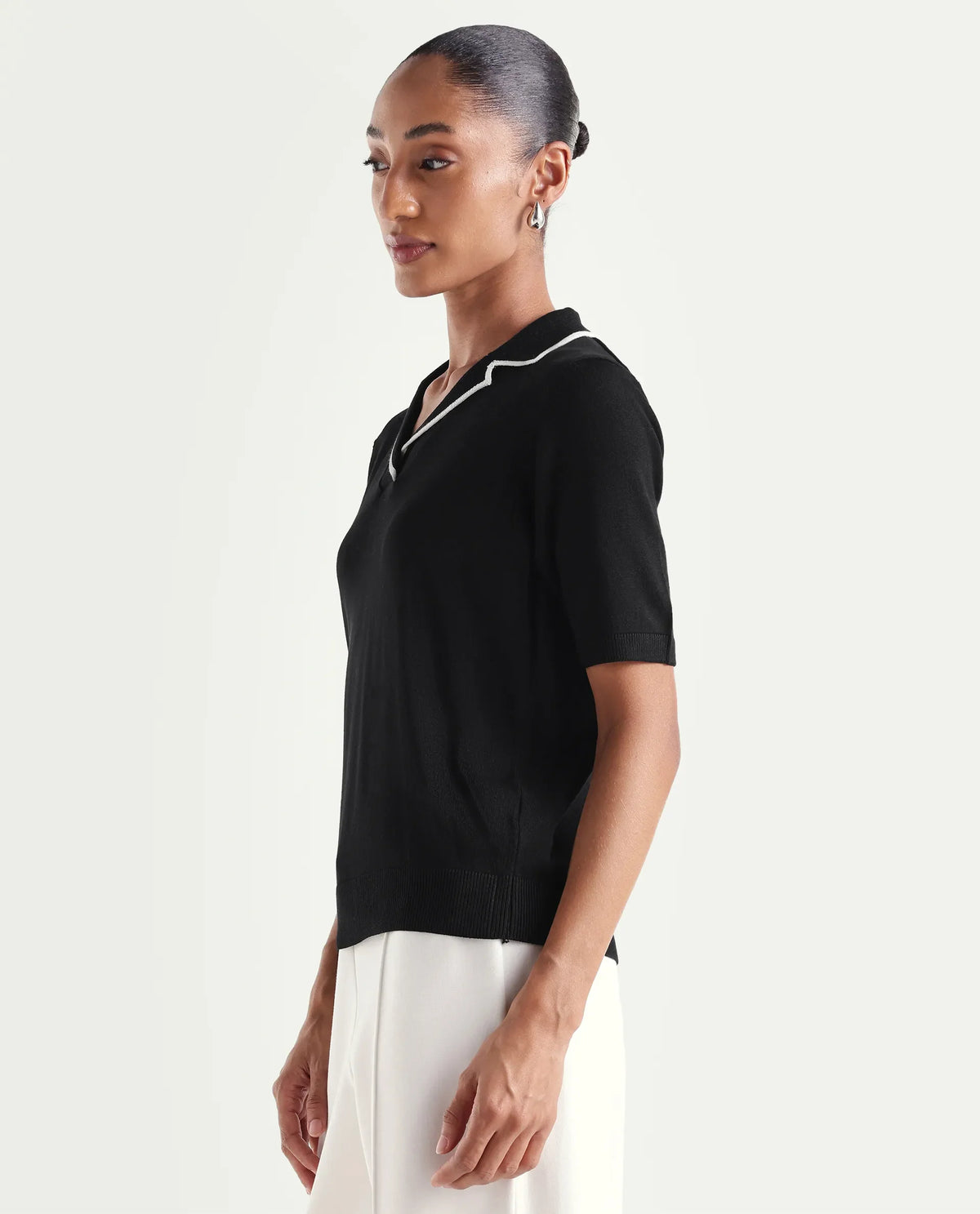 Rareism Women's Syrus Black Nylon Blend Half Sleeve Jonny Collar Relaxed Fit Plain Polo
