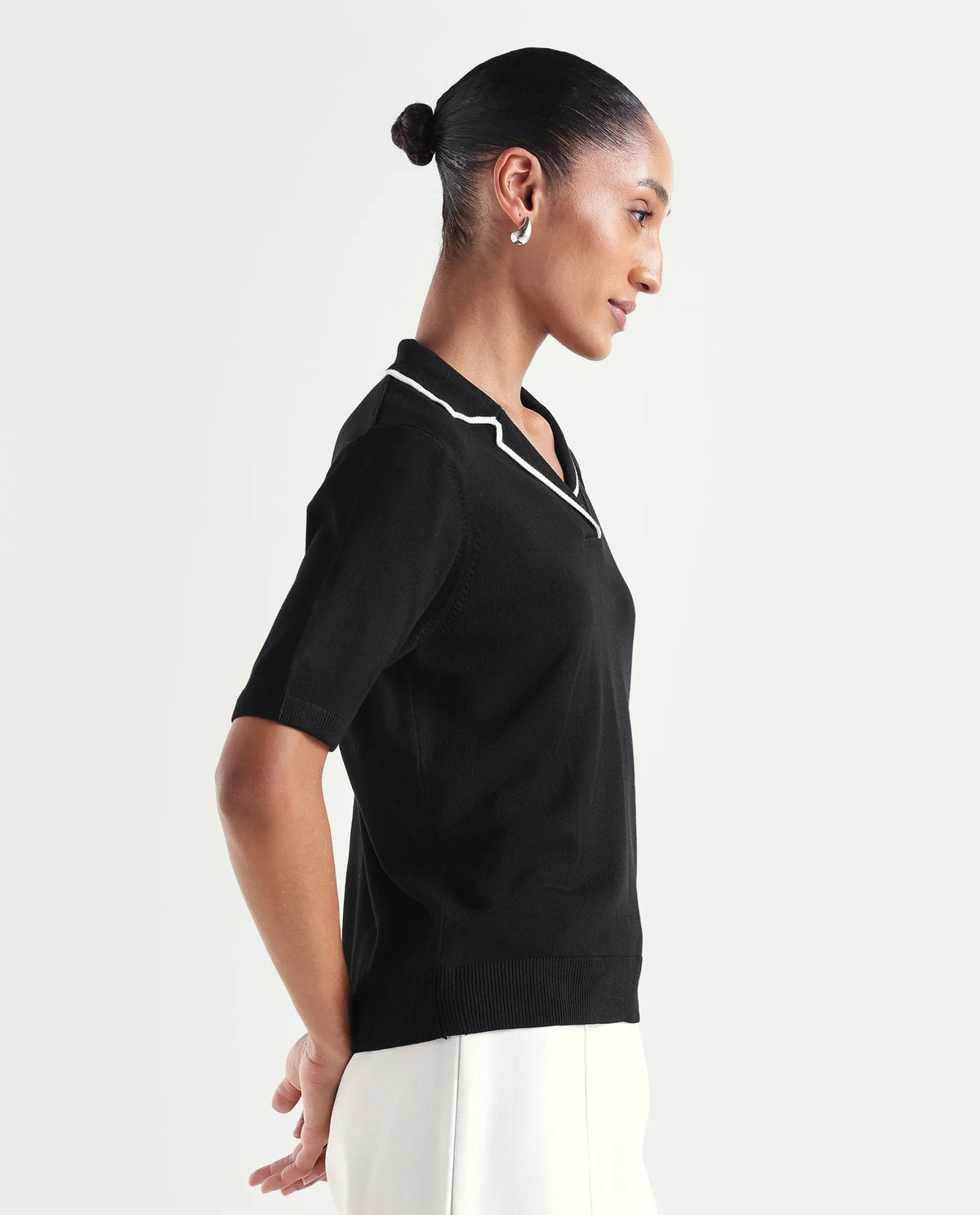 Rareism Women's Syrus Black Nylon Blend Half Sleeve Jonny Collar Relaxed Fit Plain Polo