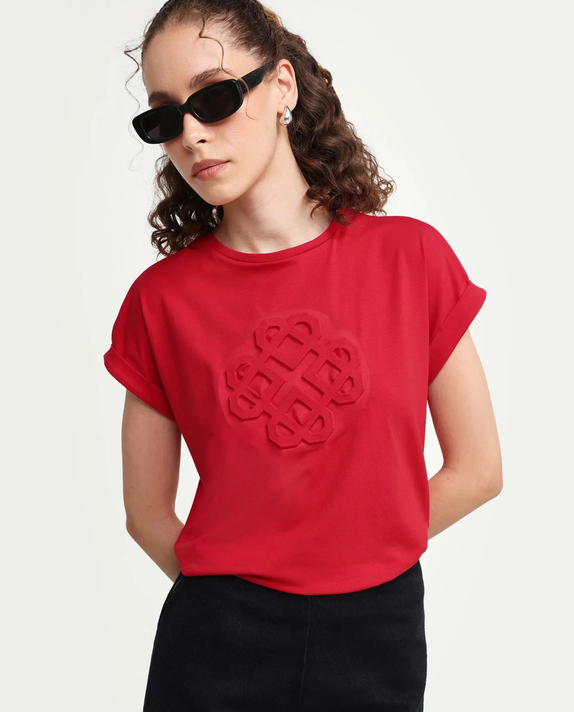 Rareism Women's Zurf Red Cotton Blend Half Sleeve Relaxed Fit Plain T-Shirt