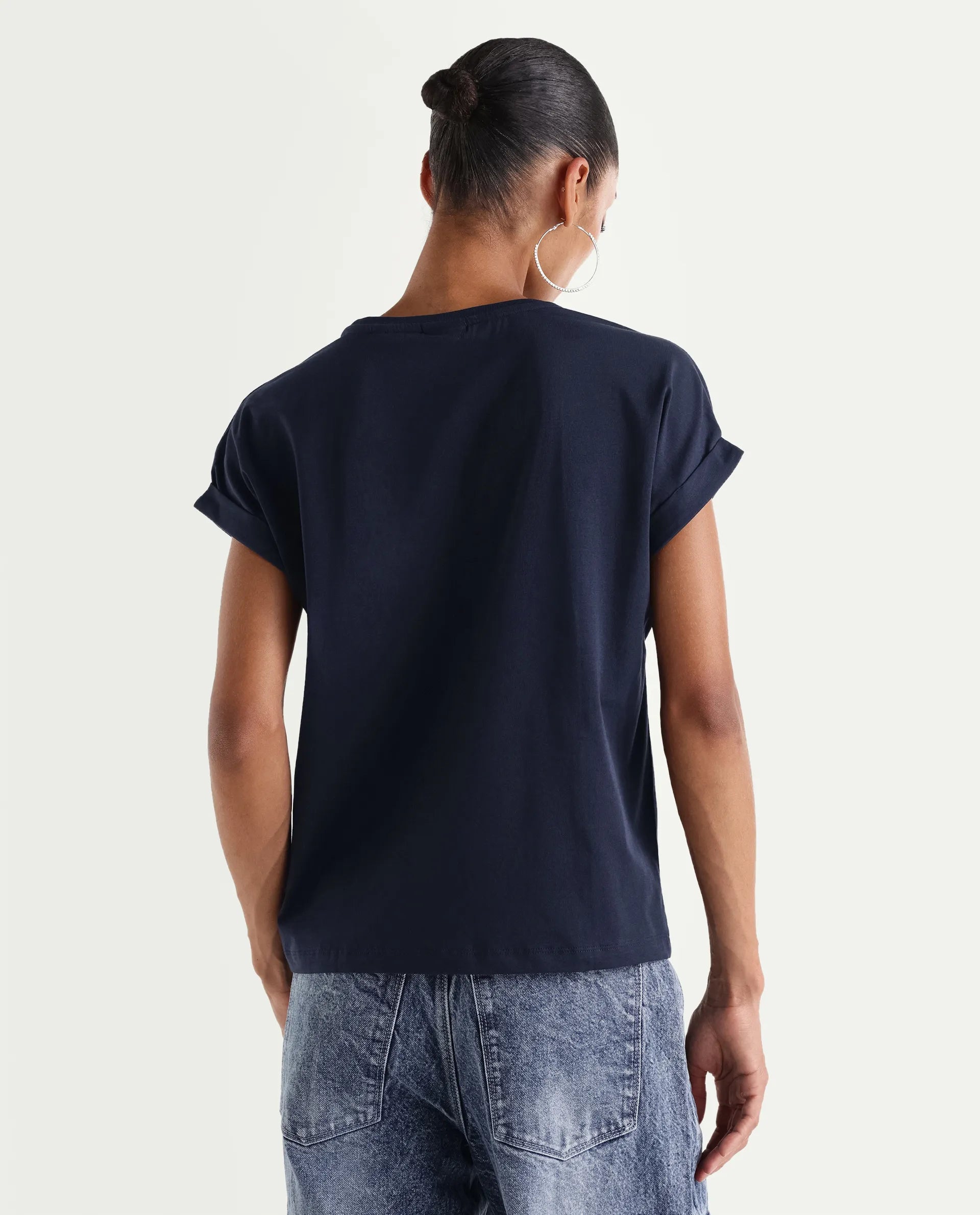 Rareism Women's Zurf Navy Cotton Blend Half Sleeve Relaxed Fit Plain T-Shirt