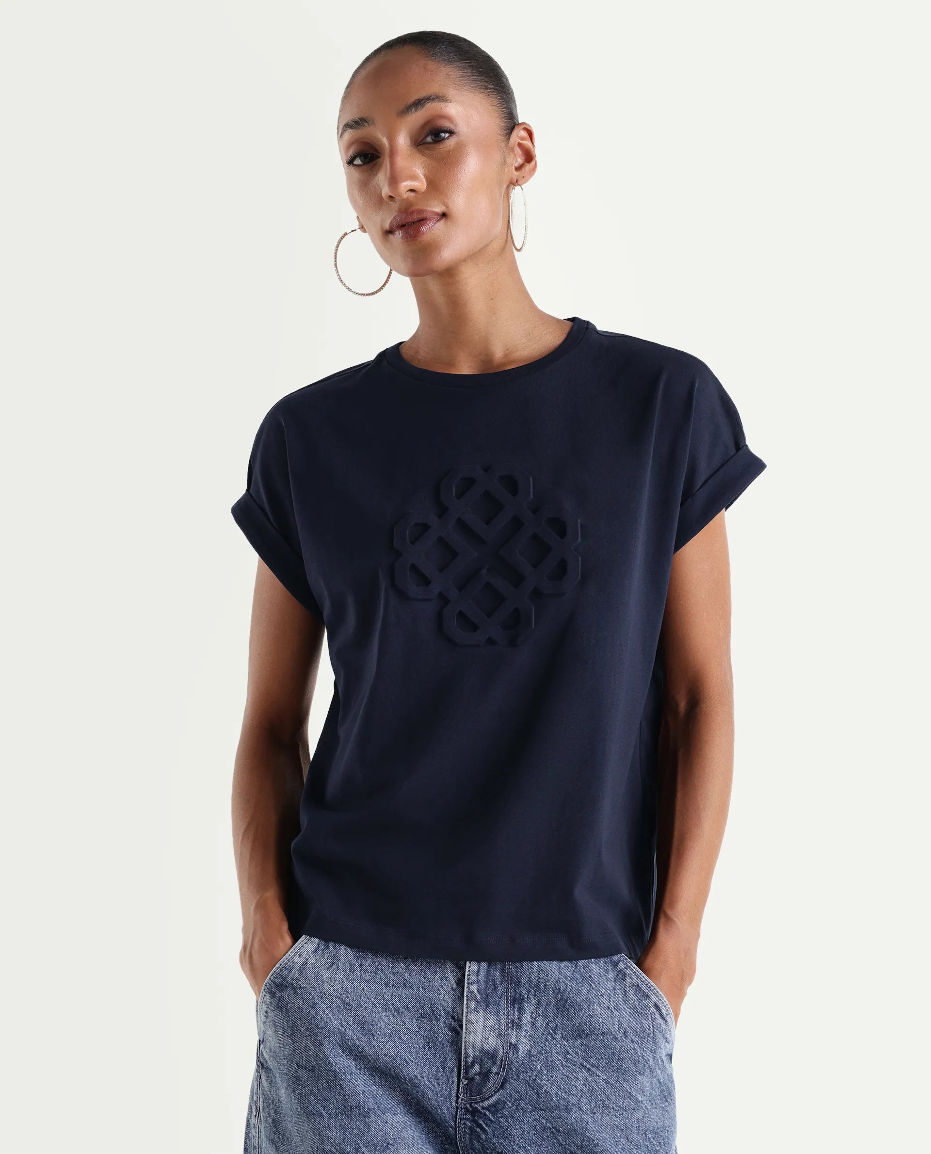 Rareism Women's Zurf Navy Cotton Blend Half Sleeve Relaxed Fit Plain T-Shirt
