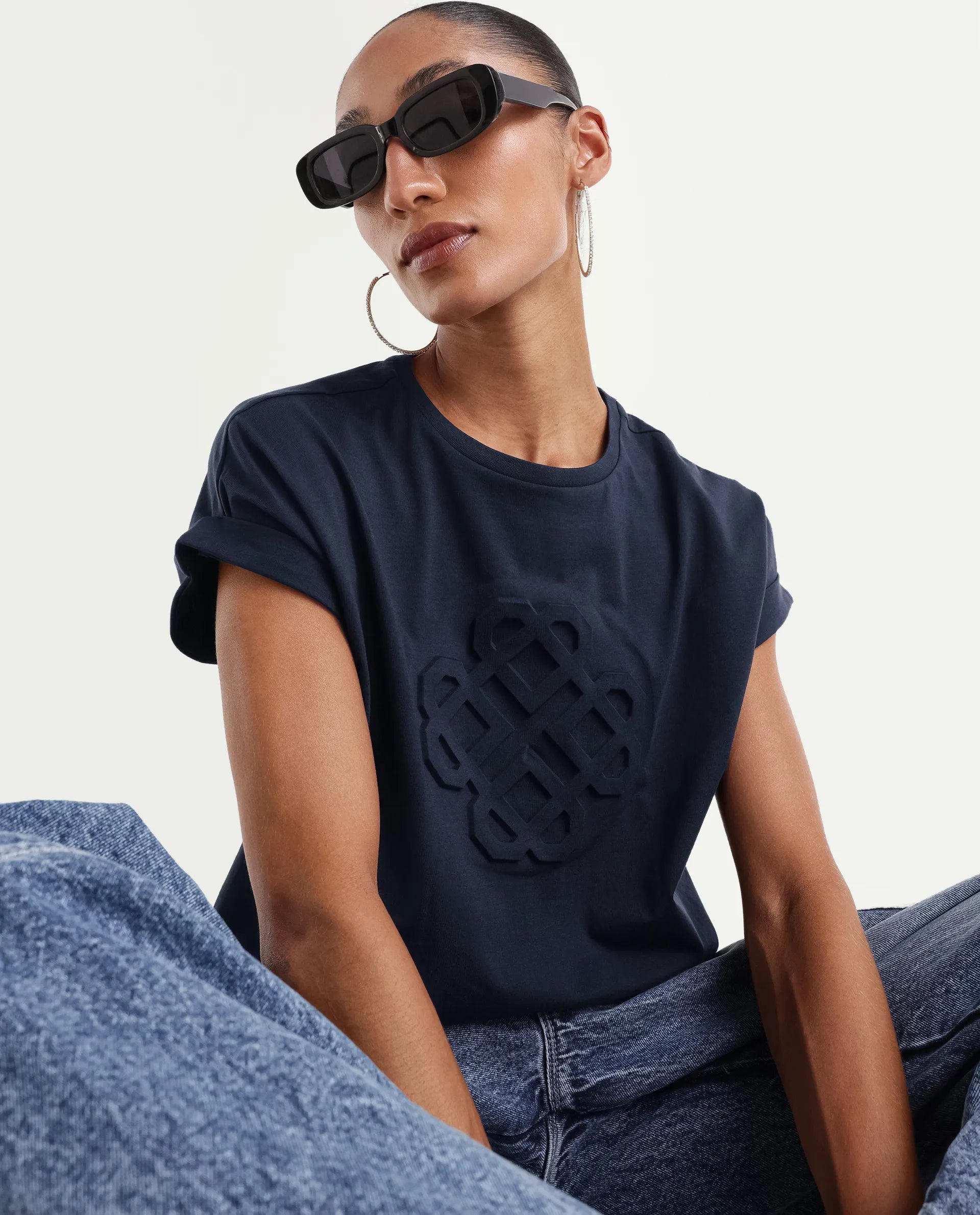 Rareism Women's Zurf Navy Cotton Blend Half Sleeve Relaxed Fit Plain T-Shirt