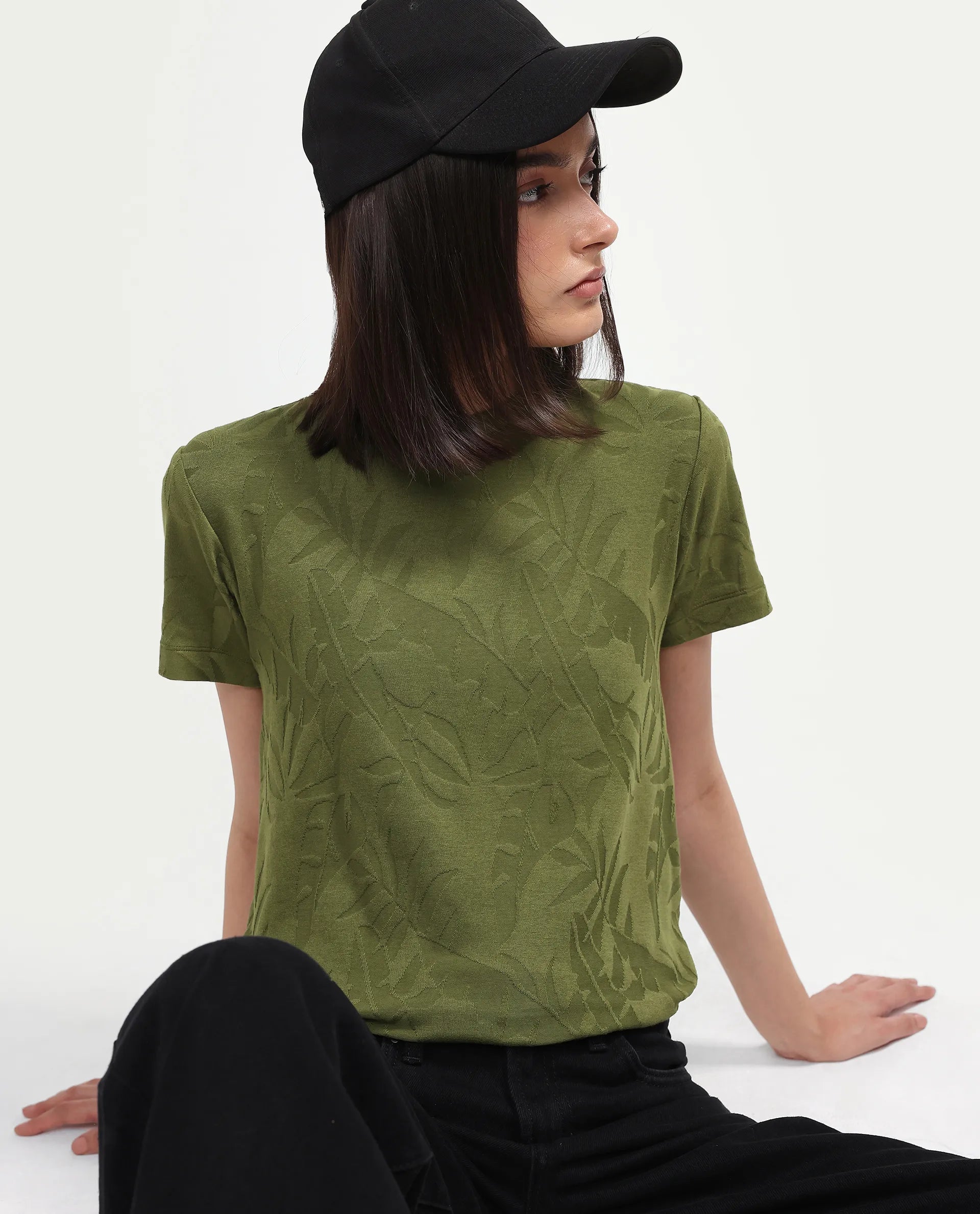 Rareism Women's Zurie Olive Cotton Blend Half Sleeve Crew Neck Regular Fit Jacquard T-Shirt
