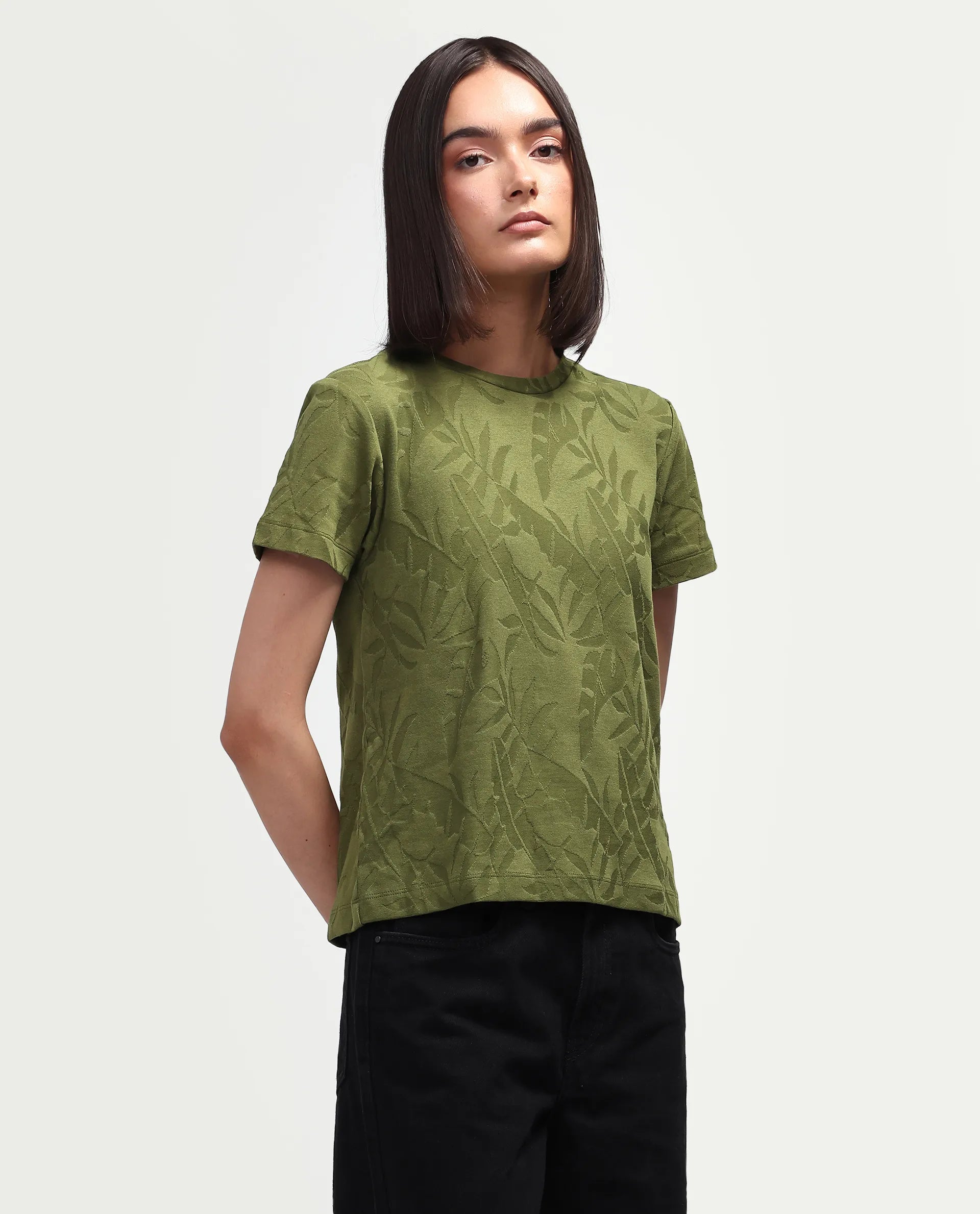 Rareism Women's Zurie Olive Cotton Blend Half Sleeve Crew Neck Regular Fit Jacquard T-Shirt