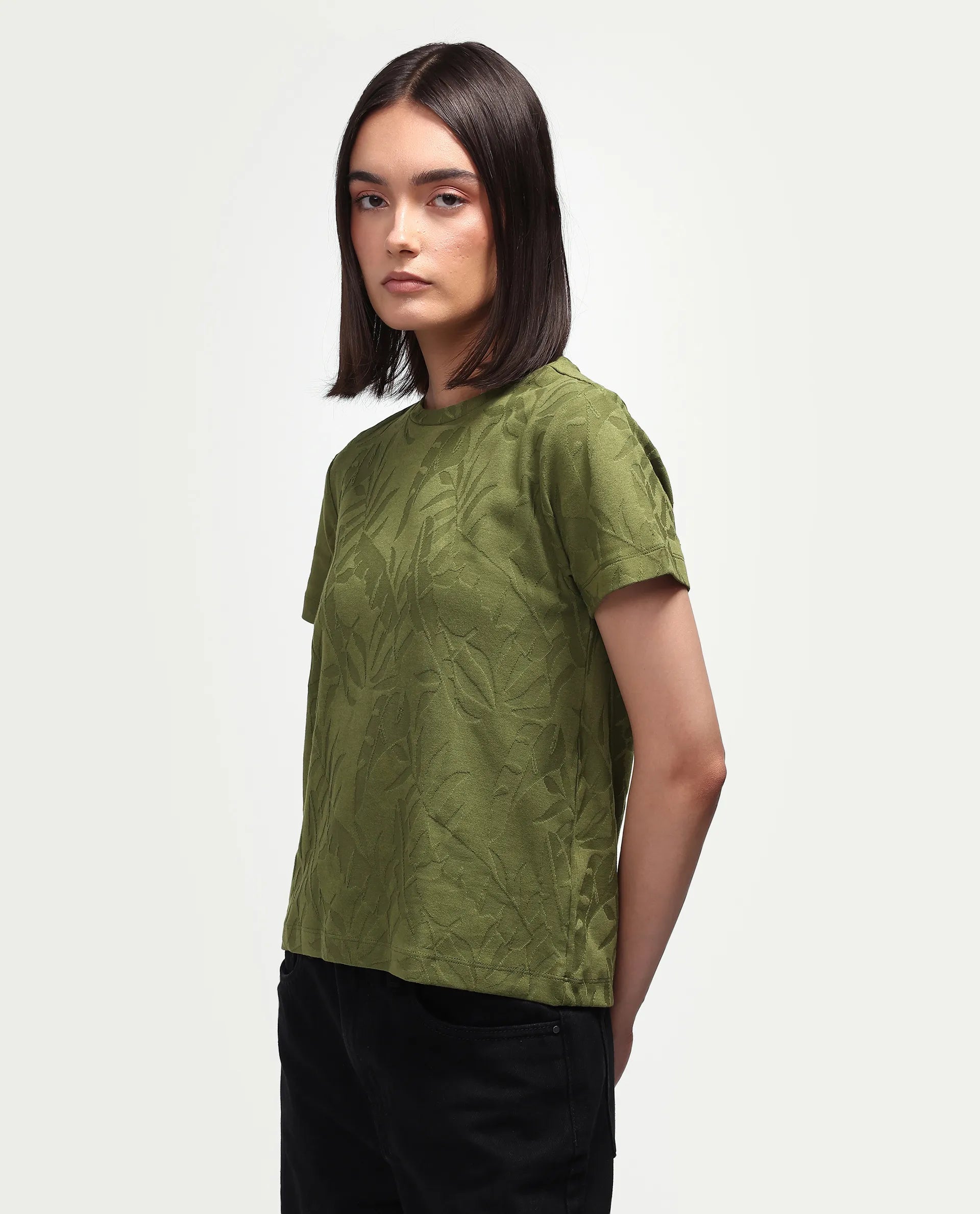 Rareism Women's Zurie Olive Cotton Blend Half Sleeve Crew Neck Regular Fit Jacquard T-Shirt