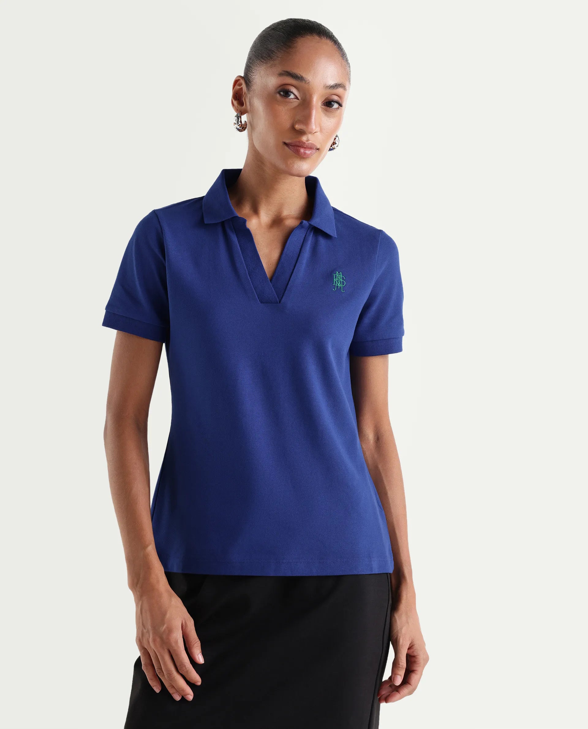 Rareism Women's Zavin Dark Blue Cotton Blend Half Sleeve Regular Fit Plain Polo