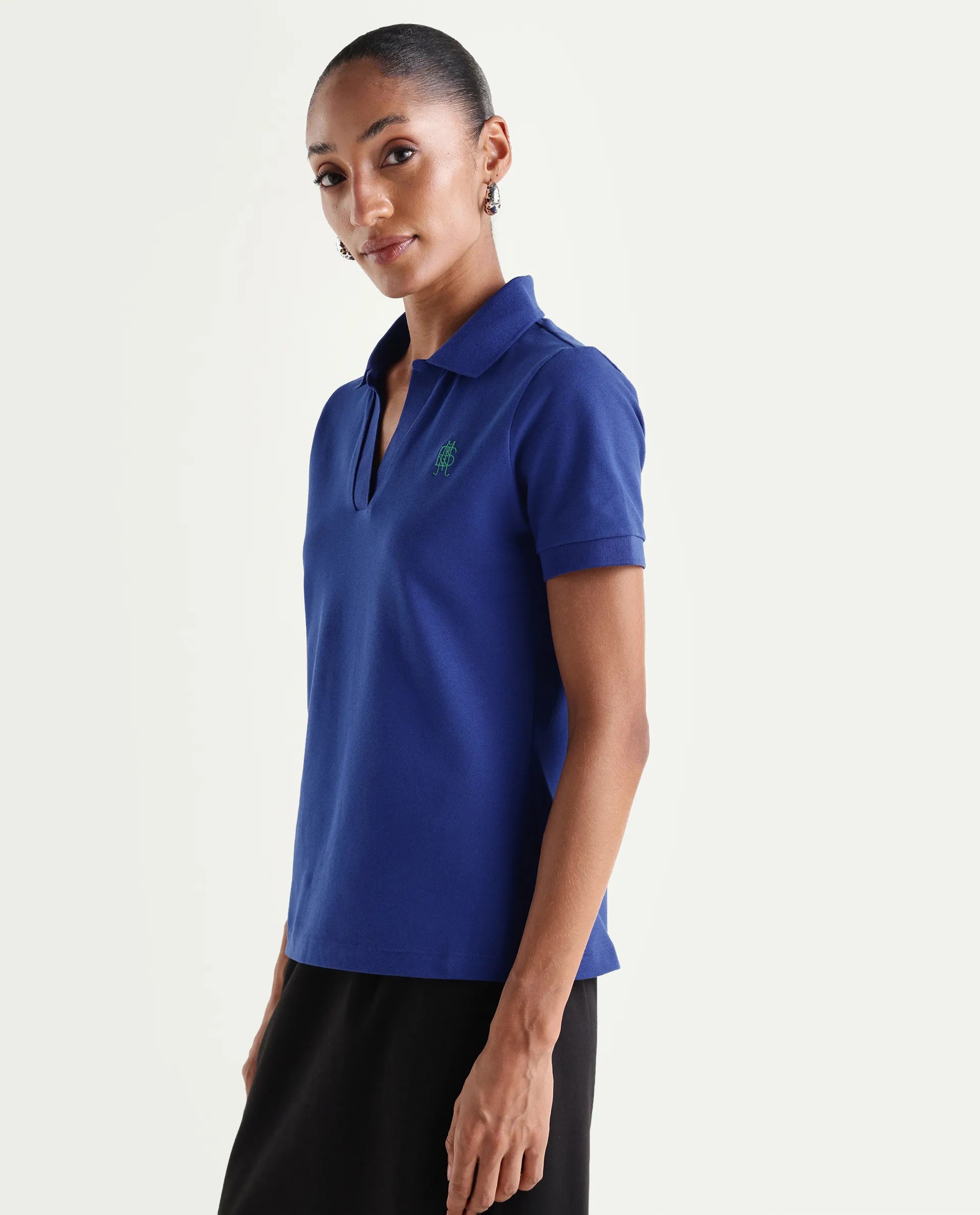 Rareism Women's Zavin Dark Blue Cotton Blend Half Sleeve Regular Fit Plain Polo